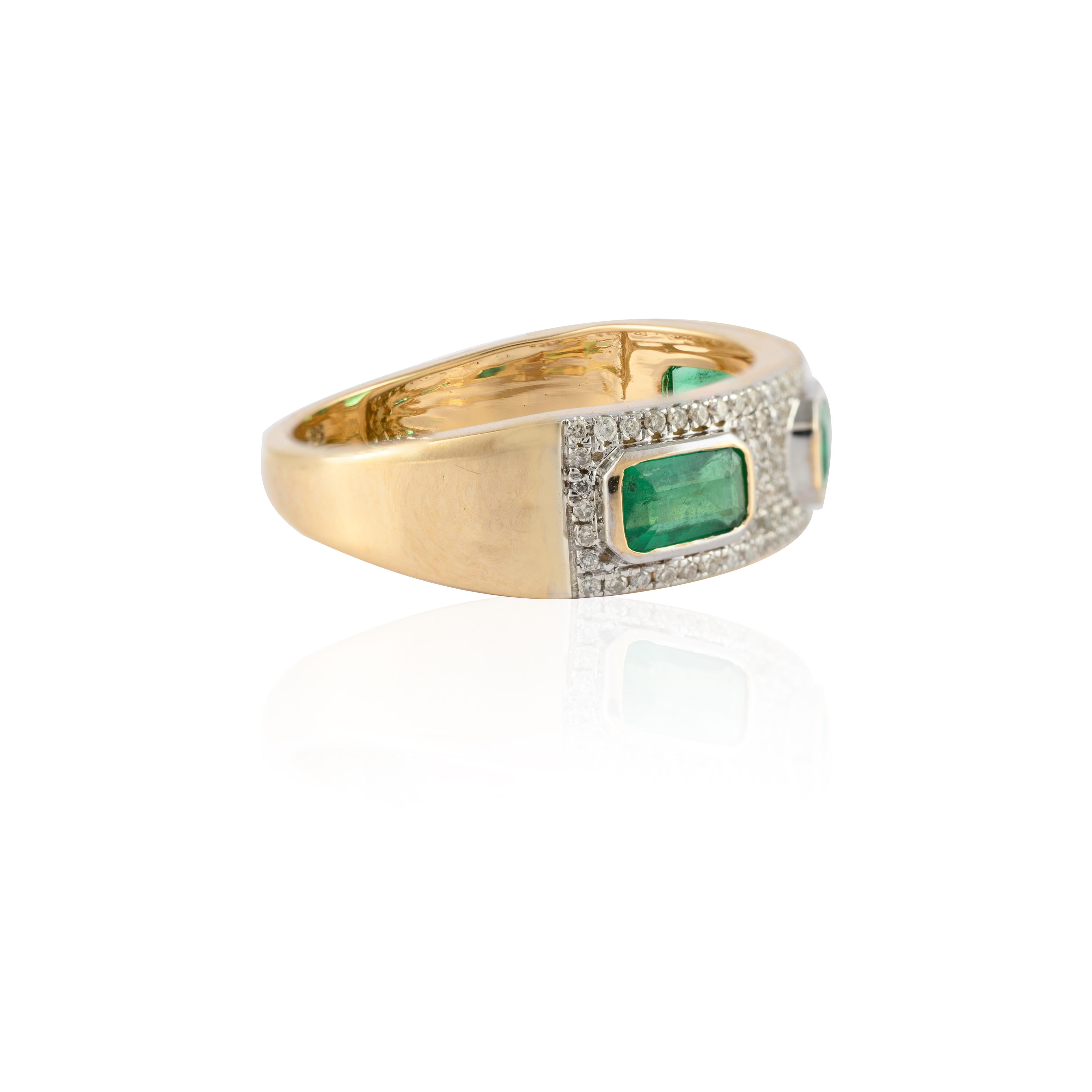For Sale:  Impeccable 14k Yellow Gold Three Stone Emerald and Diamond Engagement Ring 3