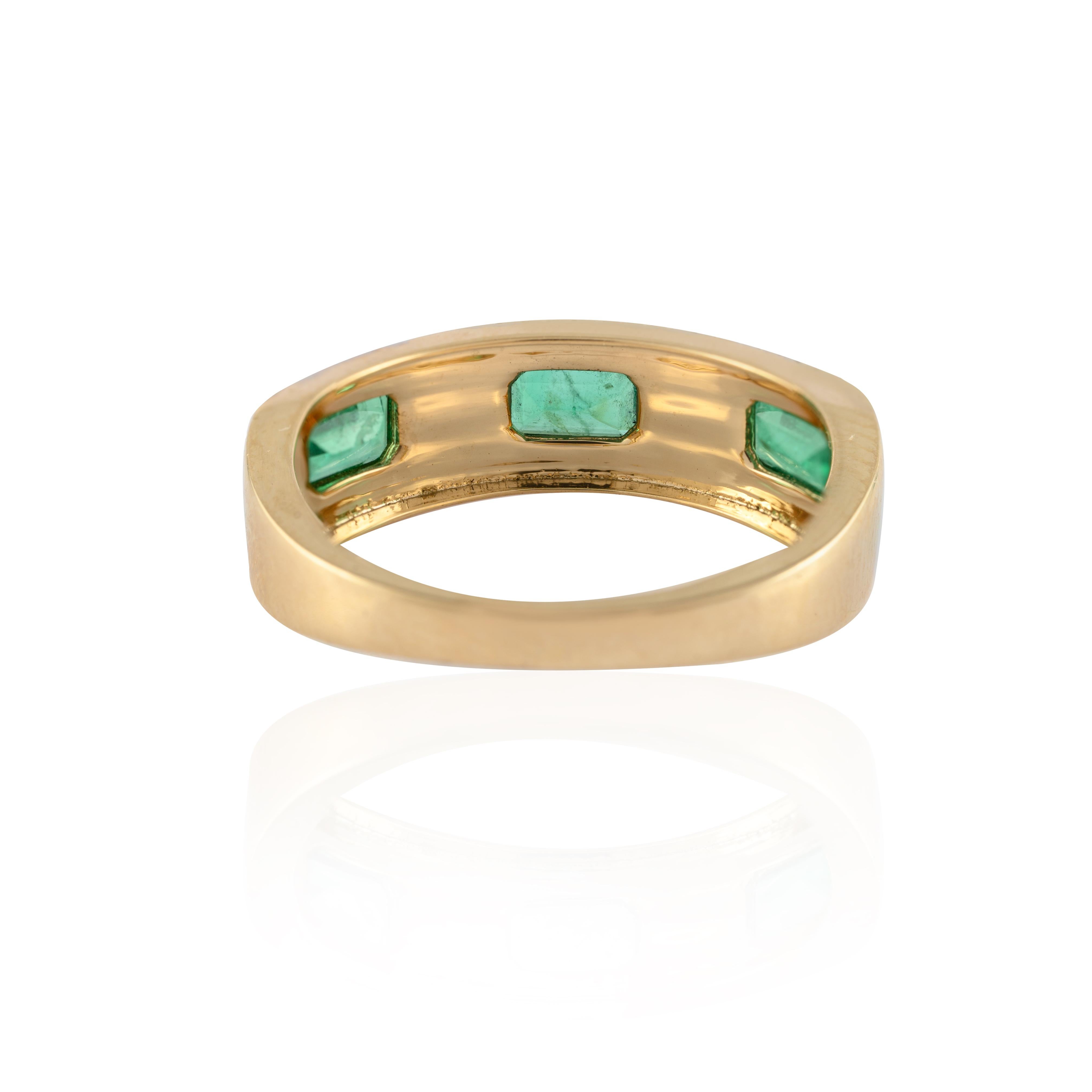 For Sale:  Impeccable Three Stone Emerald and Diamond Engagement Ring in 14k Yellow Gold 4