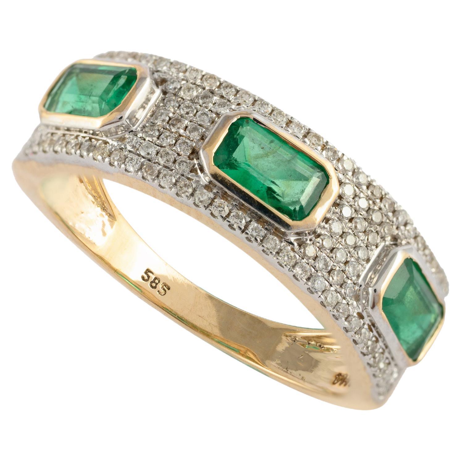 For Sale:  Impeccable Three Stone Emerald and Diamond Engagement Ring in 14k Yellow Gold