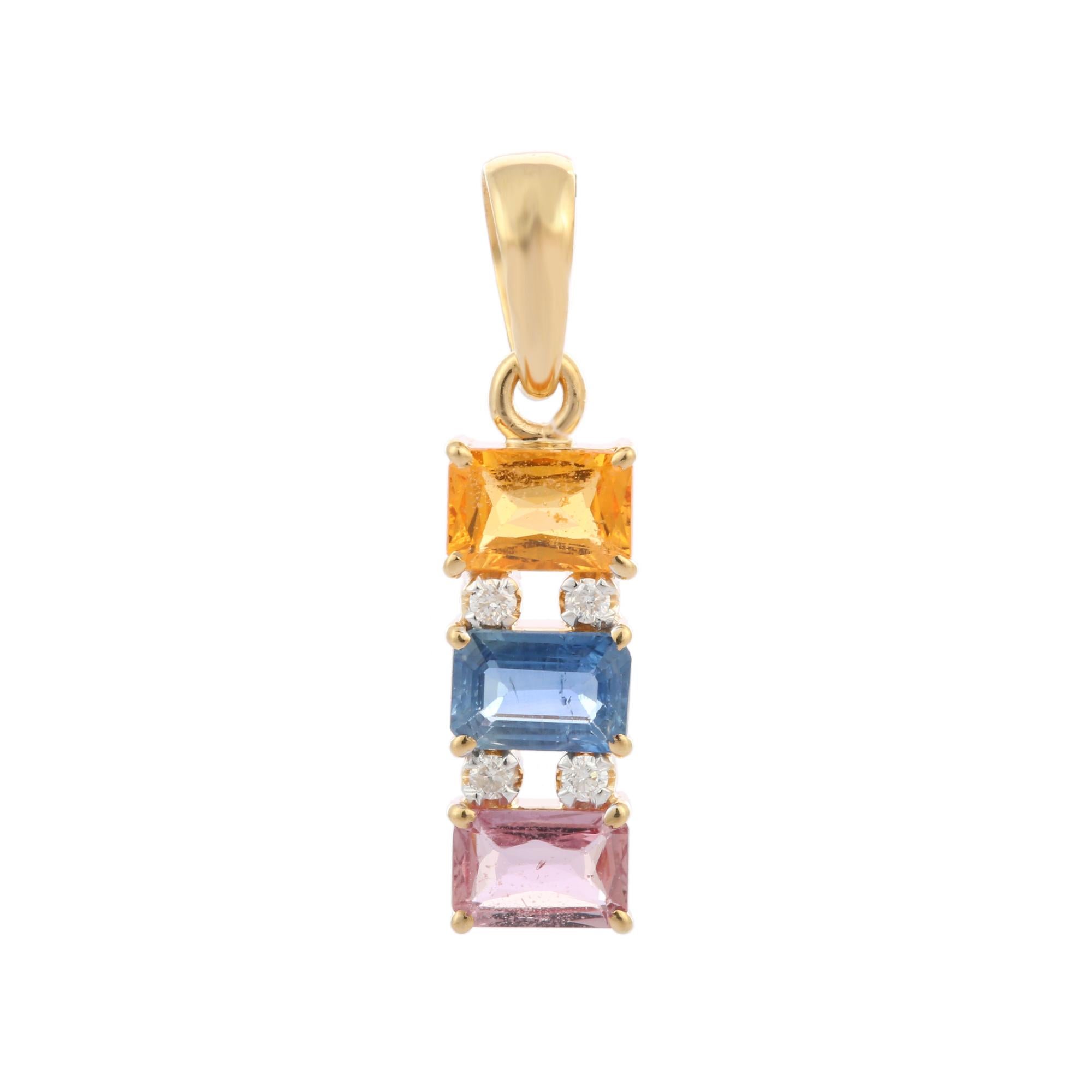 1.8 ct multi colored sapphire bar pendant in 18K Gold. It has a octagon cut gemstone studded with diamonds that completes your look with a decent touch. Pendants are used to wear or gifted to represent love and promises. It's an attractive jewelry