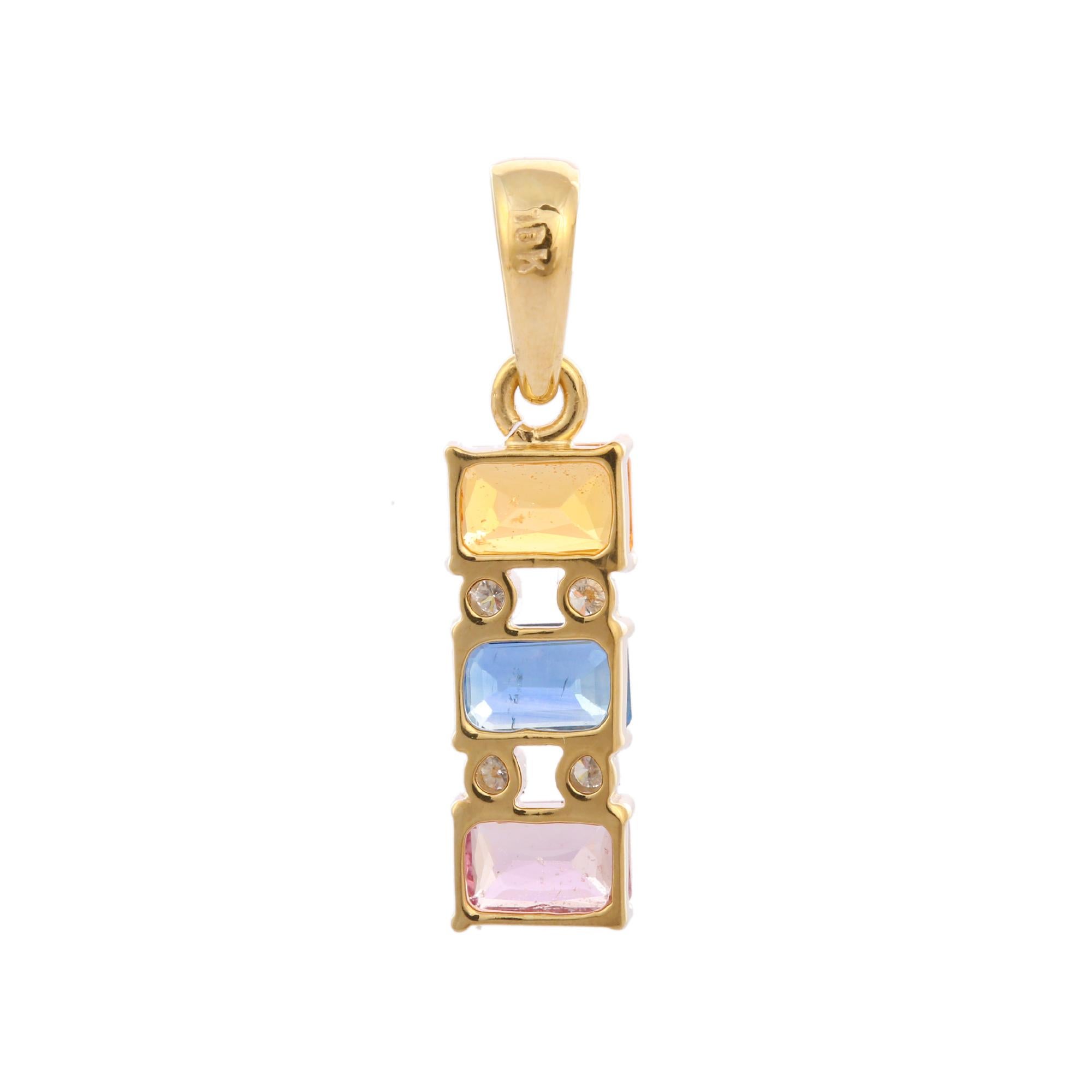 Octagon Cut Impeccable 1.8 ct Multi Sapphire Pendant with Diamonds in 18K Yellow Gold For Sale