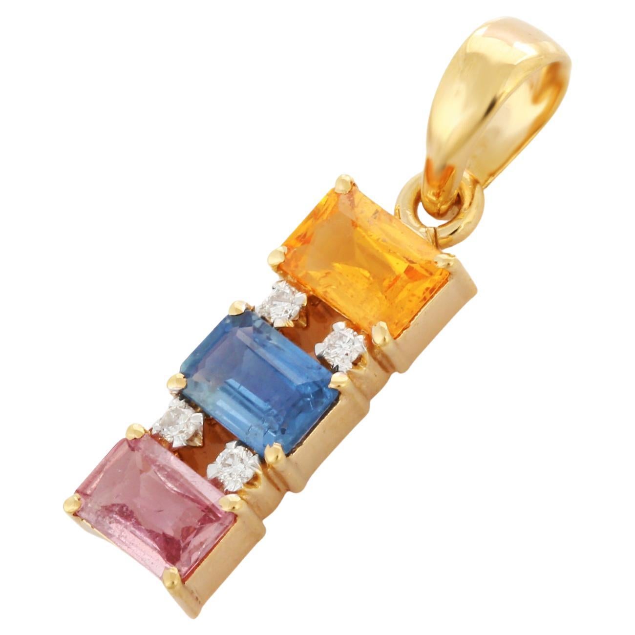Impeccable 1.8 ct Multi Sapphire Pendant with Diamonds in 18K Yellow Gold For Sale