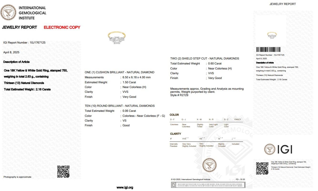Impeccable 2.16ct Diamonds 3-Stone Ring in 18k Yellow & White Gold For Sale 1