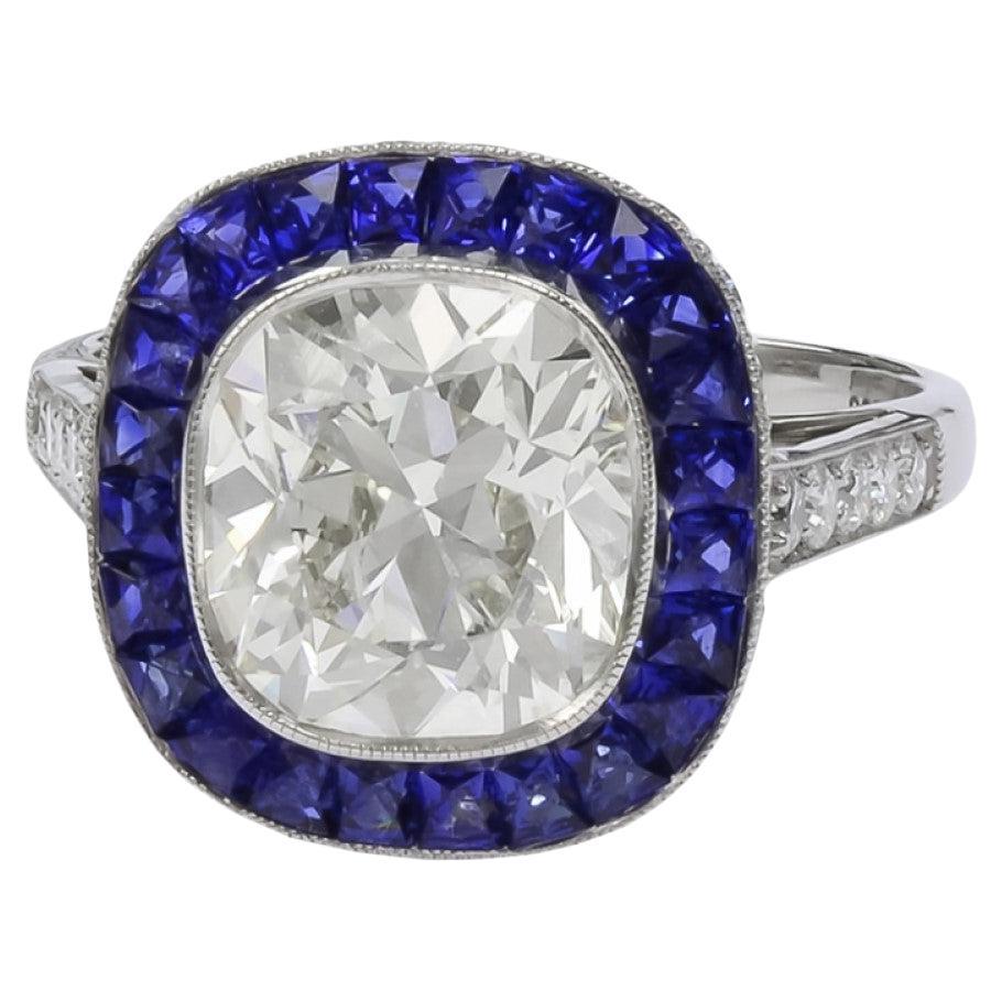 Impeccable 3.07 Carat Cushion Diamond Platinum Sapphire Ring