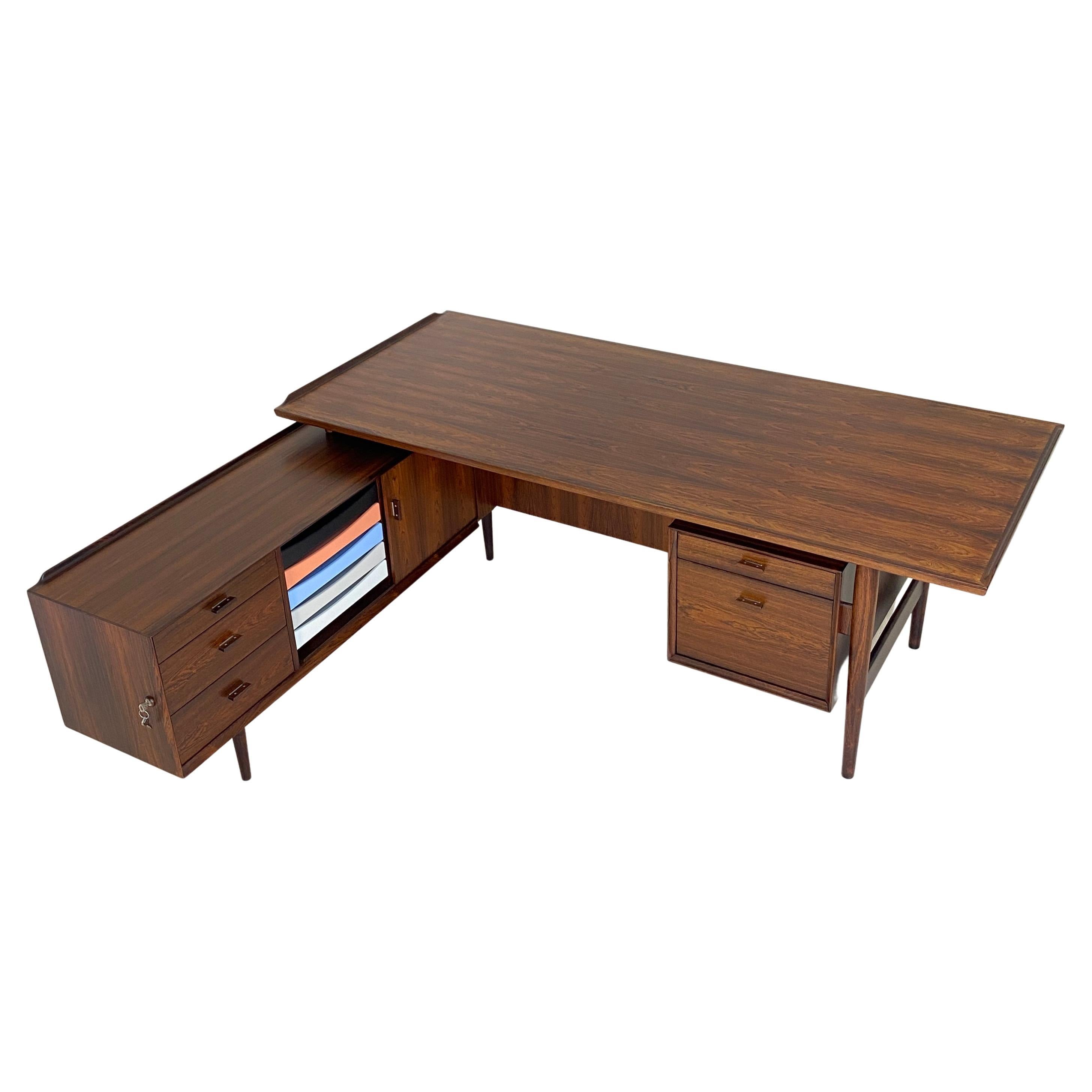 Impeccable and Complete Arne Vodder Desk and Return in Rosewood