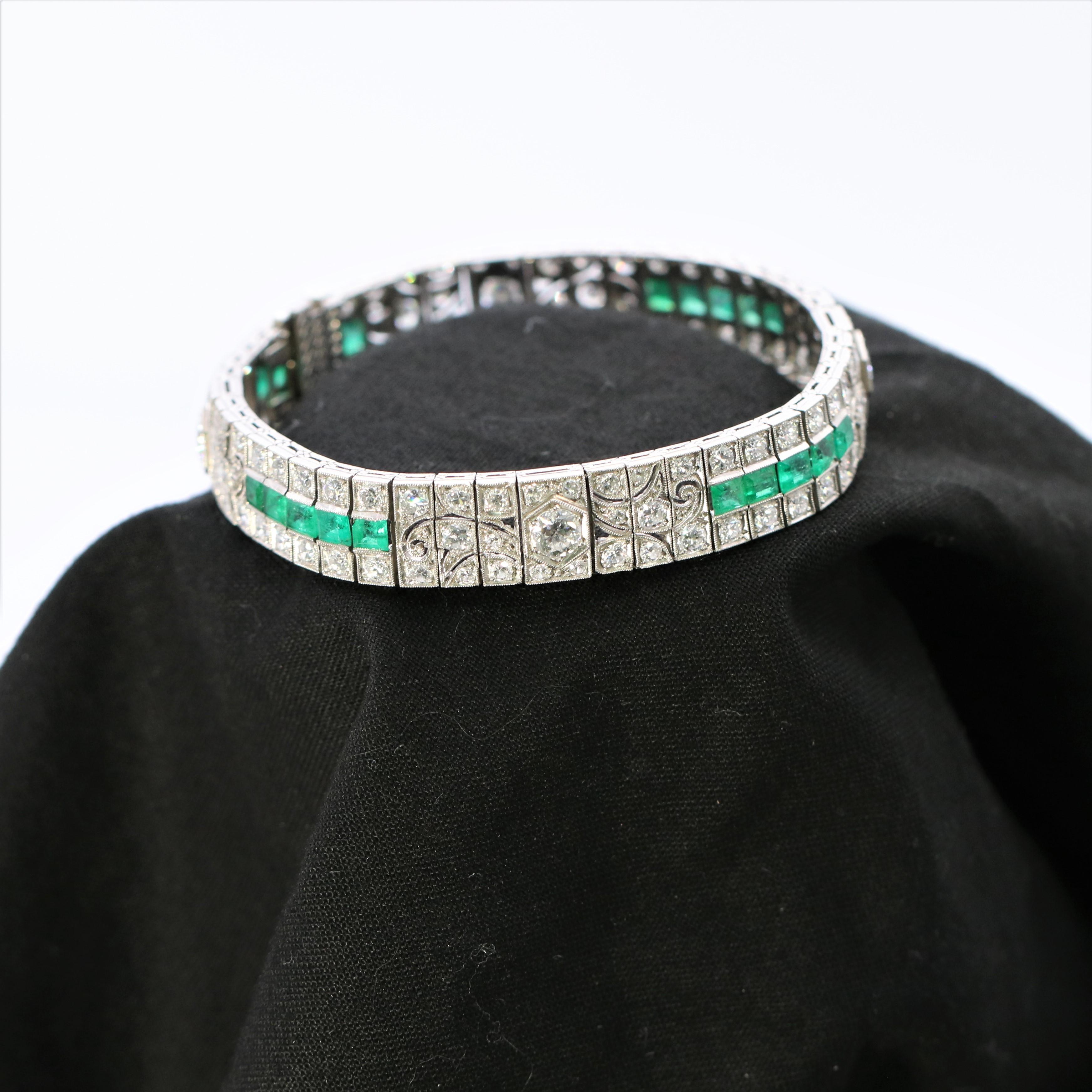 Impeccable Art Deco Diamond and Emerald Bracelet 13