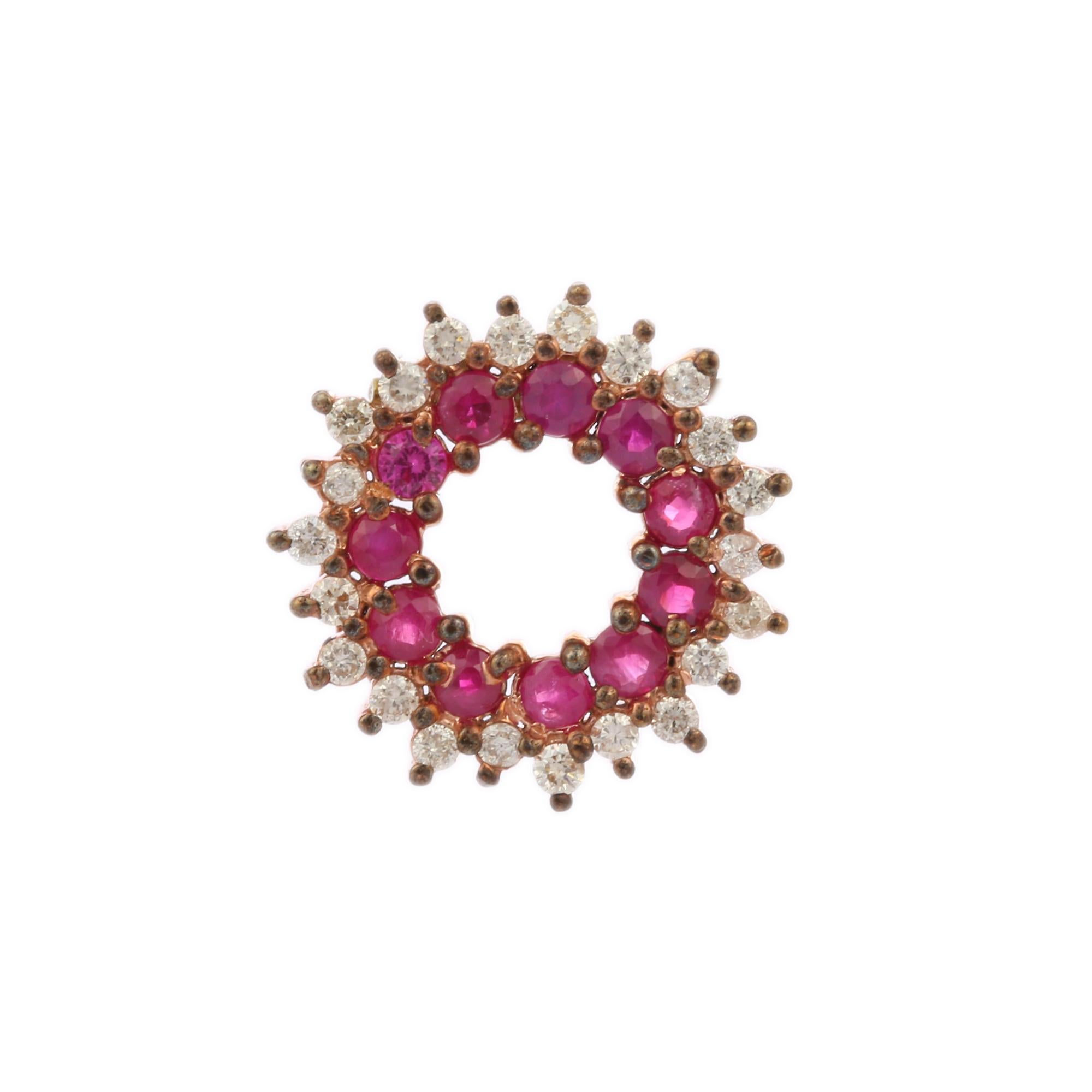 Contemporary Impeccable Ruby and Diamond Circle Pendant Encrusted in 14K Solid Rose Gold For Sale