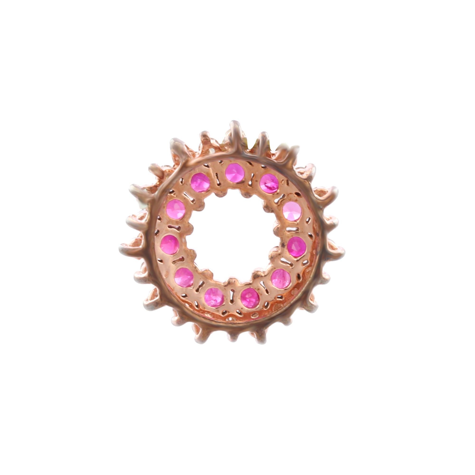 Round Cut Impeccable Ruby and Diamond Circle Pendant Encrusted in 14K Solid Rose Gold For Sale