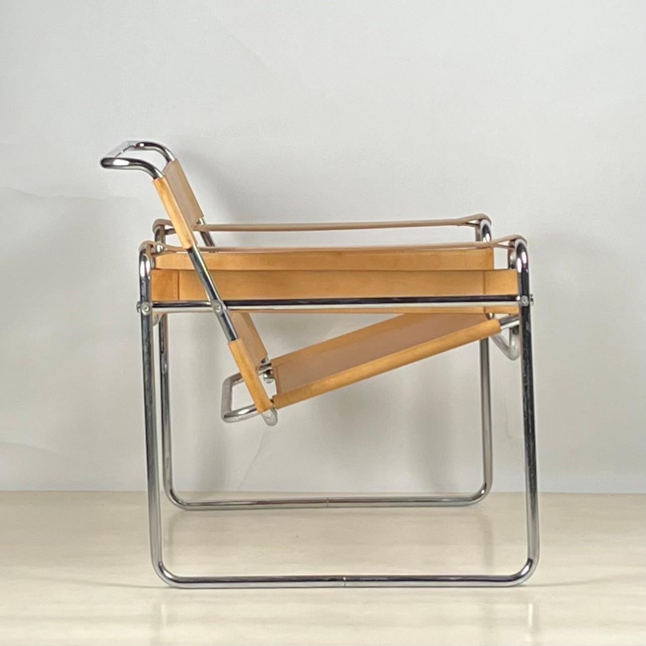 Italian Impeccable Wassily Chair in Natural Tan Leather by Marcel Breuer, Gavina Edition