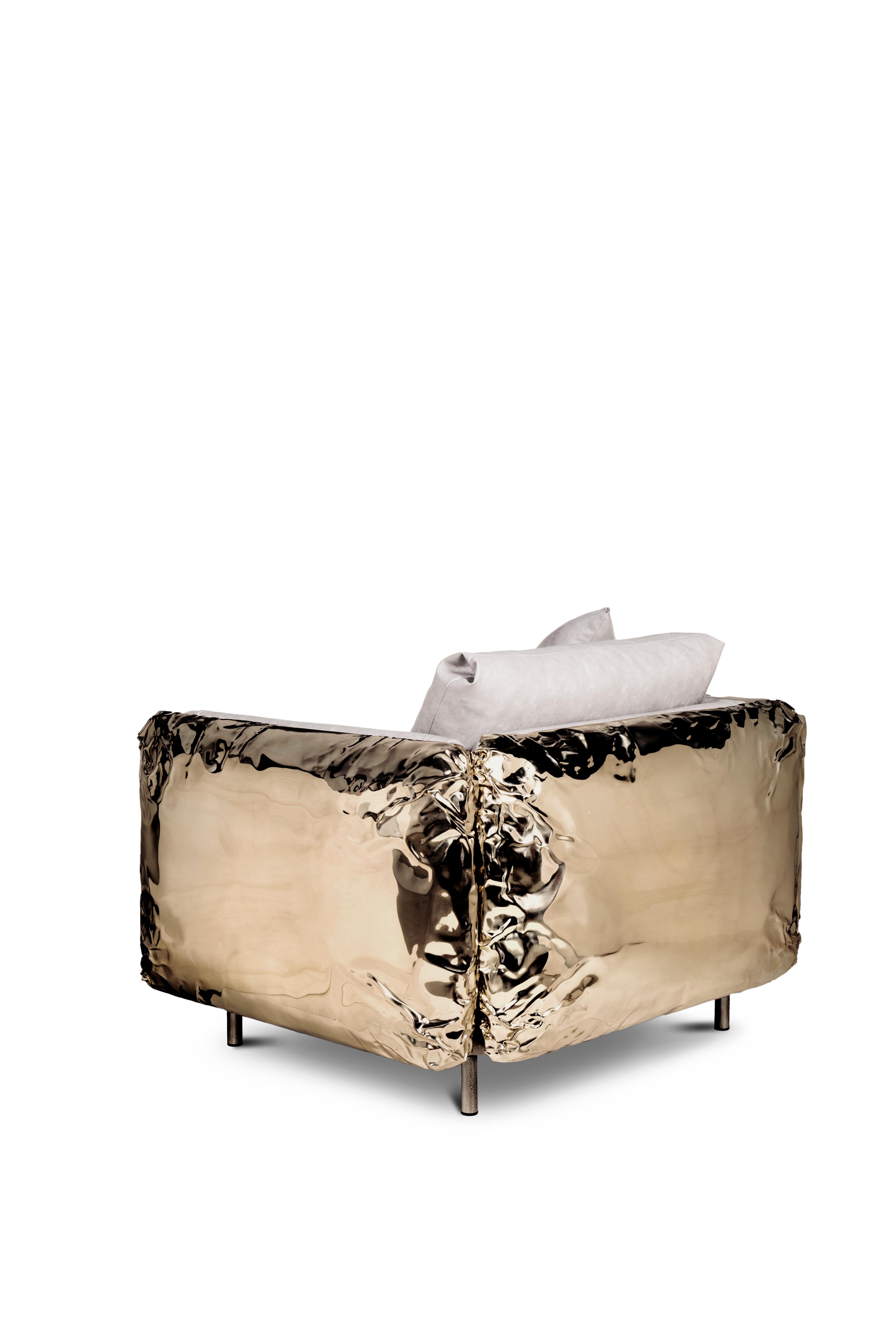 Hand-Carved Imperfectio Armchair - Hand-Crafted Brass Wood & Upholstery - Boca do Lobo For Sale