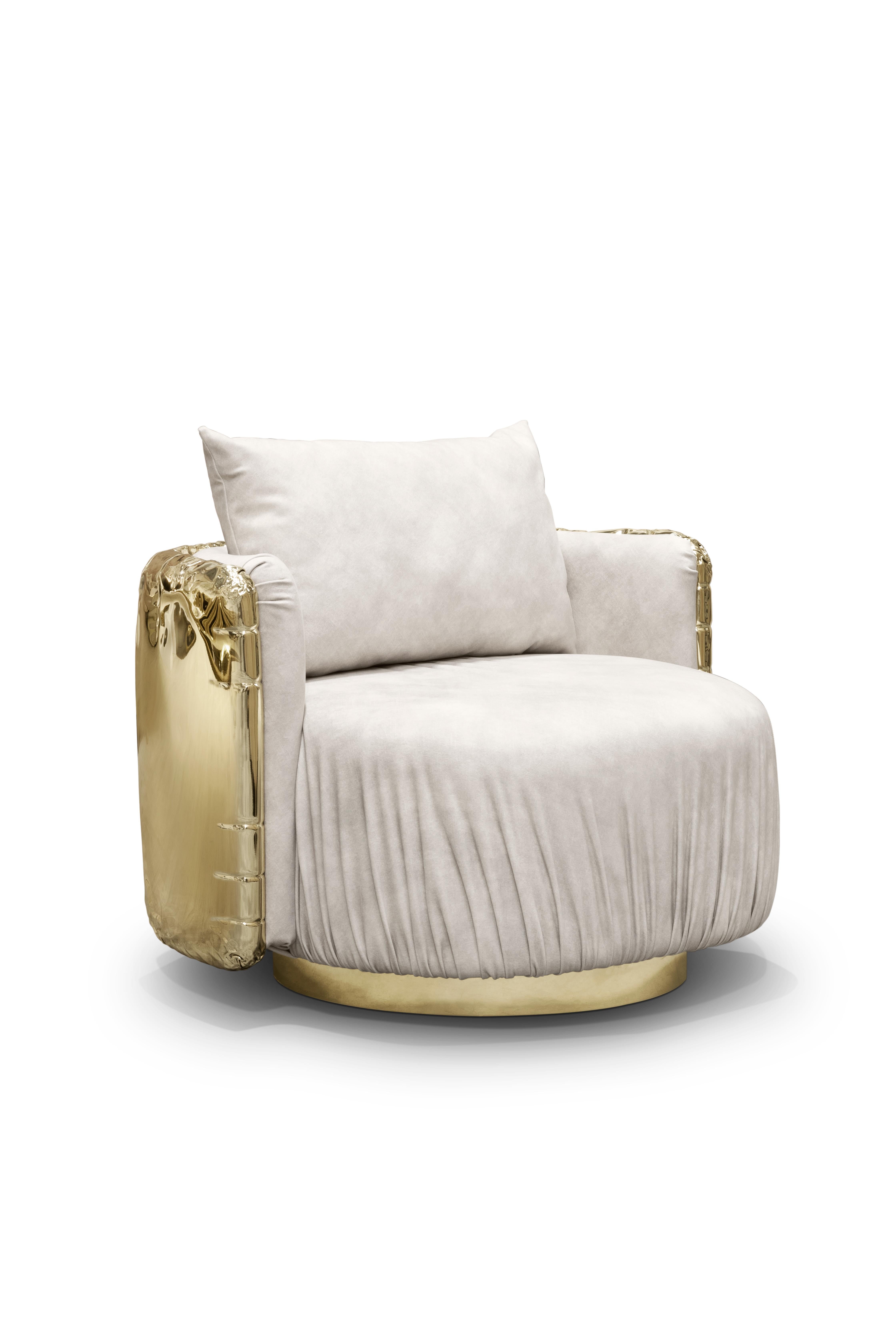 Hand-Carved Imperfectio Round Armchair - Hand-Crafted Brass Wood & Upholstery - Boca do Lobo For Sale