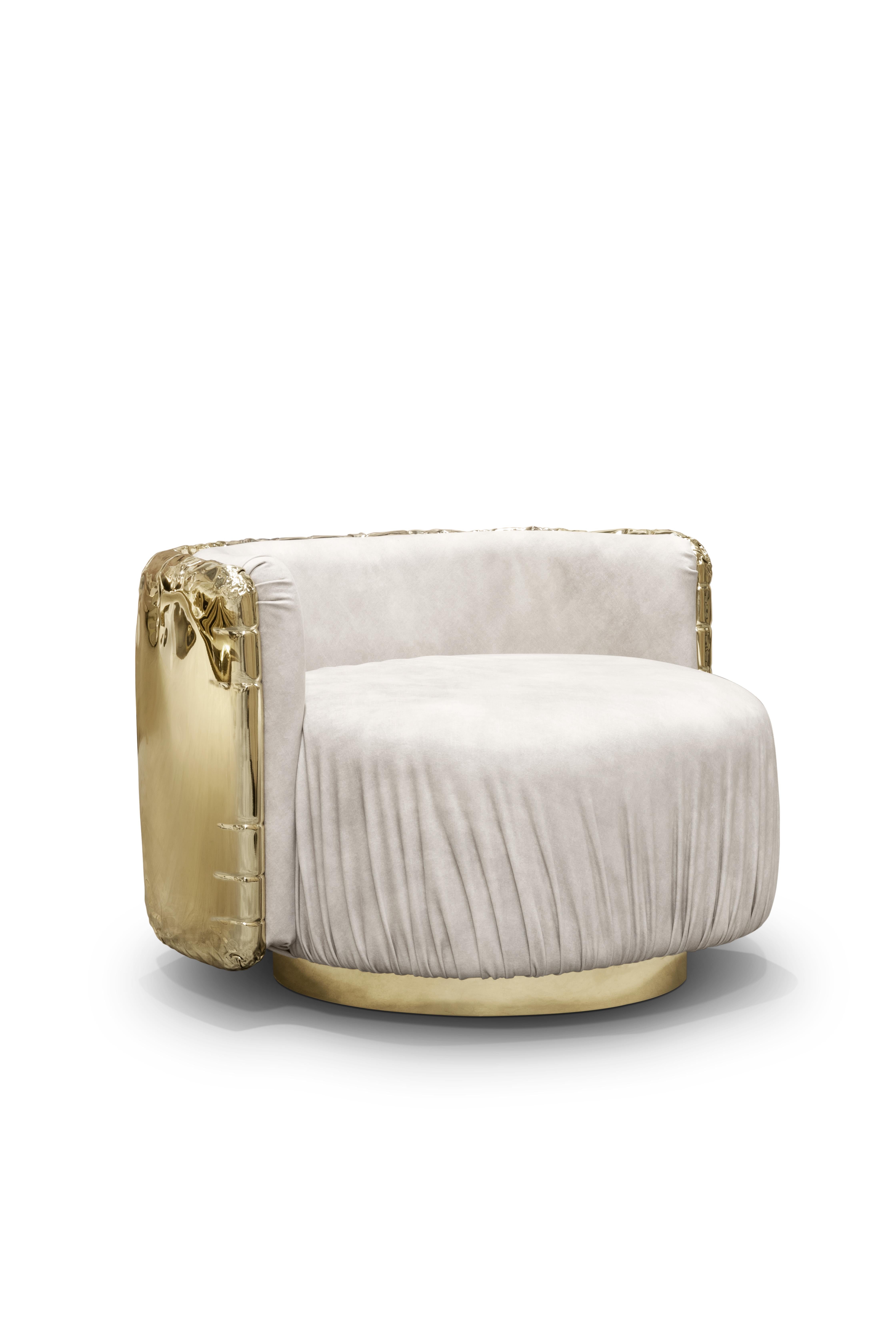 Portuguese Imperfectio Round Armchair - Hand-Crafted Brass Wood & Upholstery - Boca do Lobo For Sale