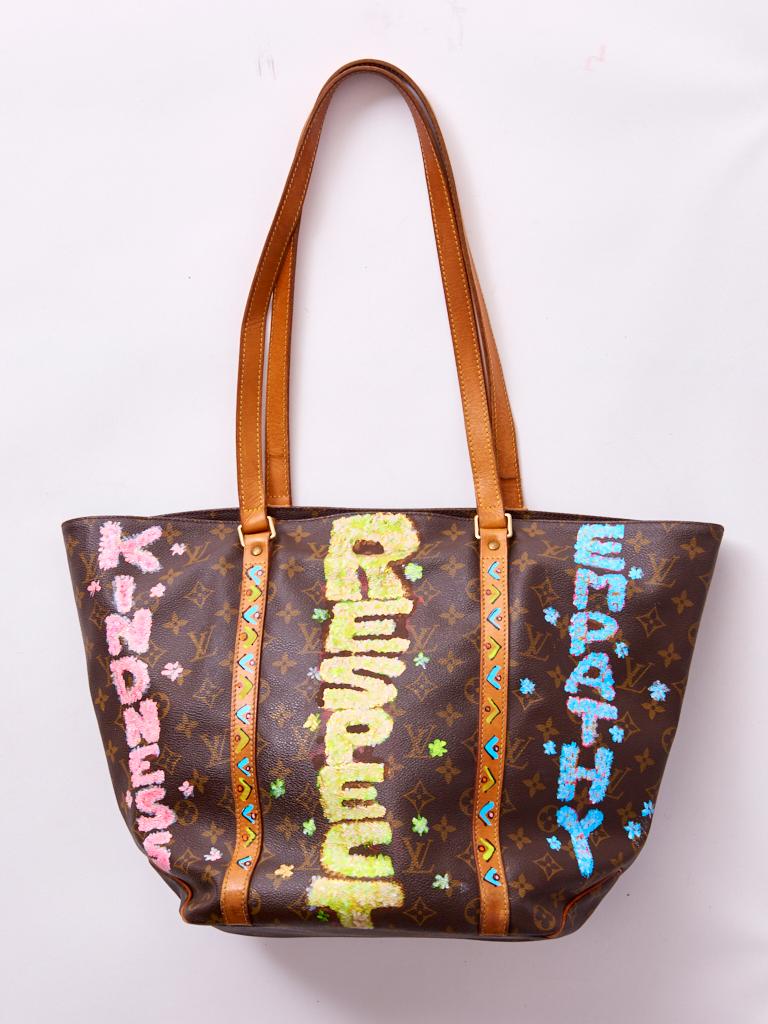 Imperfectly Perfect by Rebecca Mosses, one of a kind, up-cycled,  vintage, Louis Vuitton, classic tote, hand painted by fashion designer and artist Rebecca Moses. Presently she is known for her much loved Instagram, 