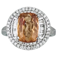 Imperial 4.21 Carat Topaz Modified Cushion, Halo Diamonds on 18 Karat Gold Ring