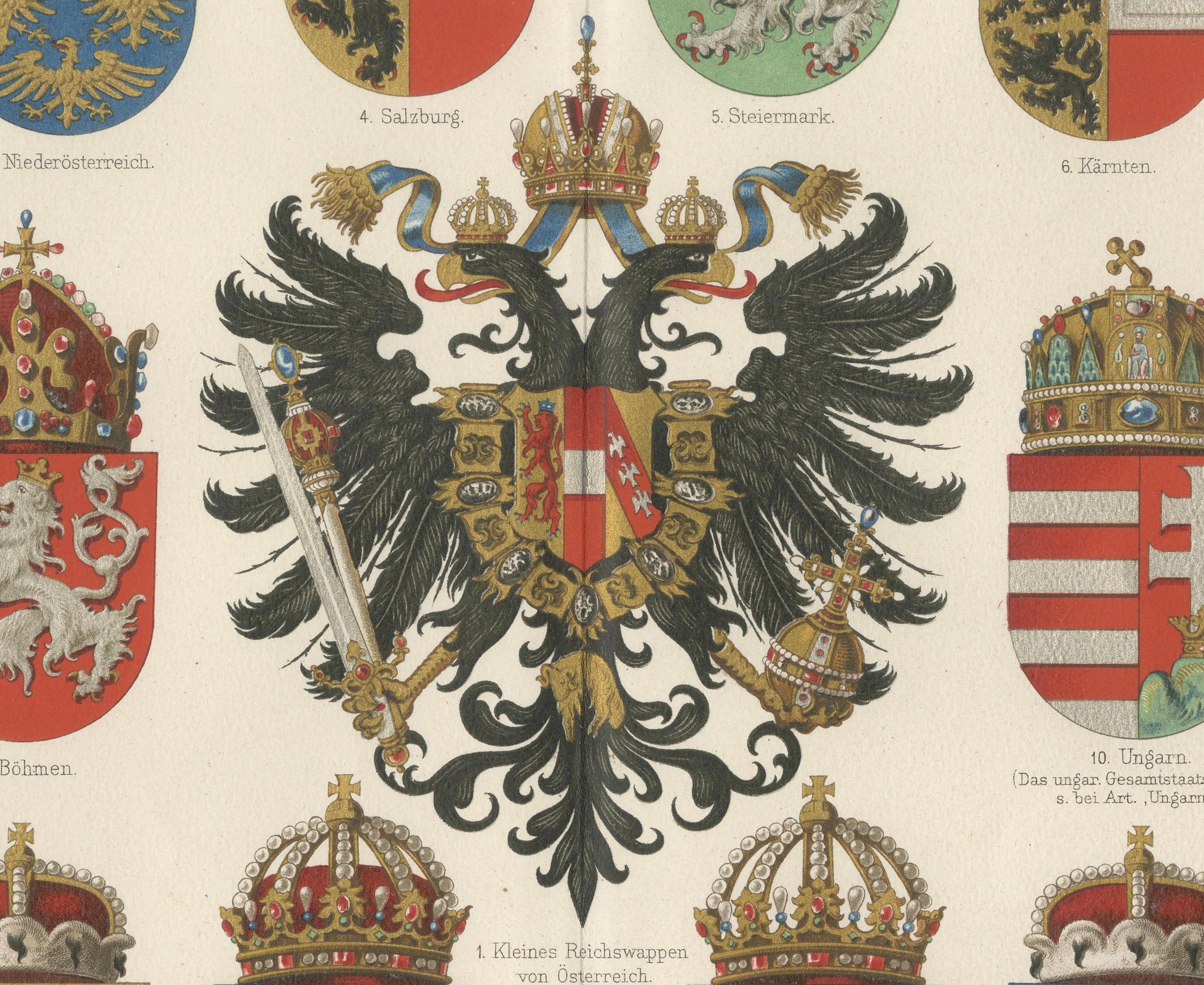 Tedesco Stemmi imperiali austriaci e ungheresi - Stampa antica, 1880 ca. in vendita