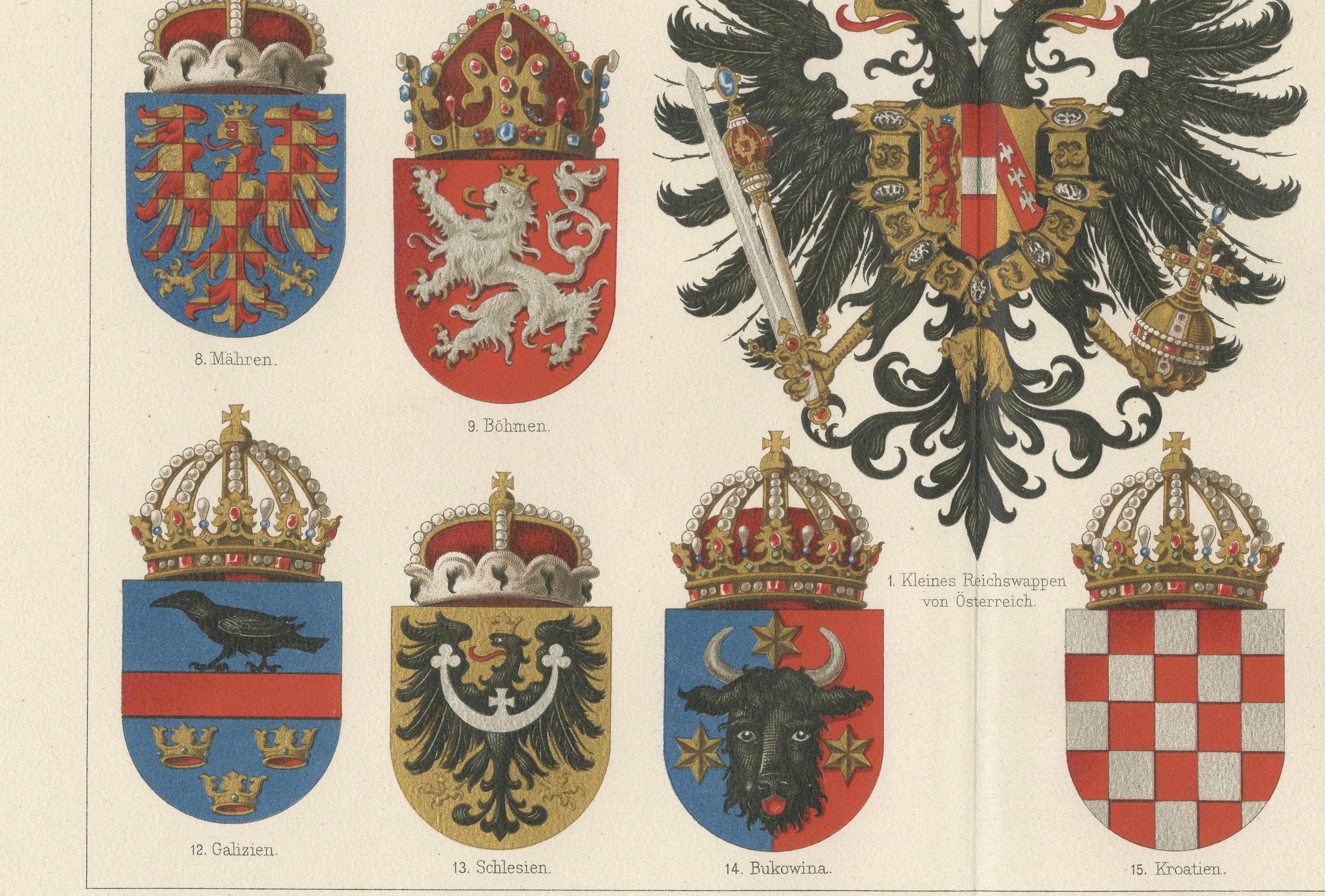 XIX secolo Stemmi imperiali austriaci e ungheresi - Stampa antica, 1880 ca. in vendita