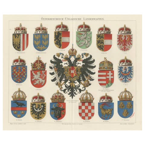 Imperial Austrian and Hungarian Coats of Arms – Antique Print, c.1880
