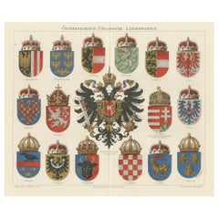 Imperial Austrian and Hungarian Coats of Arms – Antique Print, c.1880
