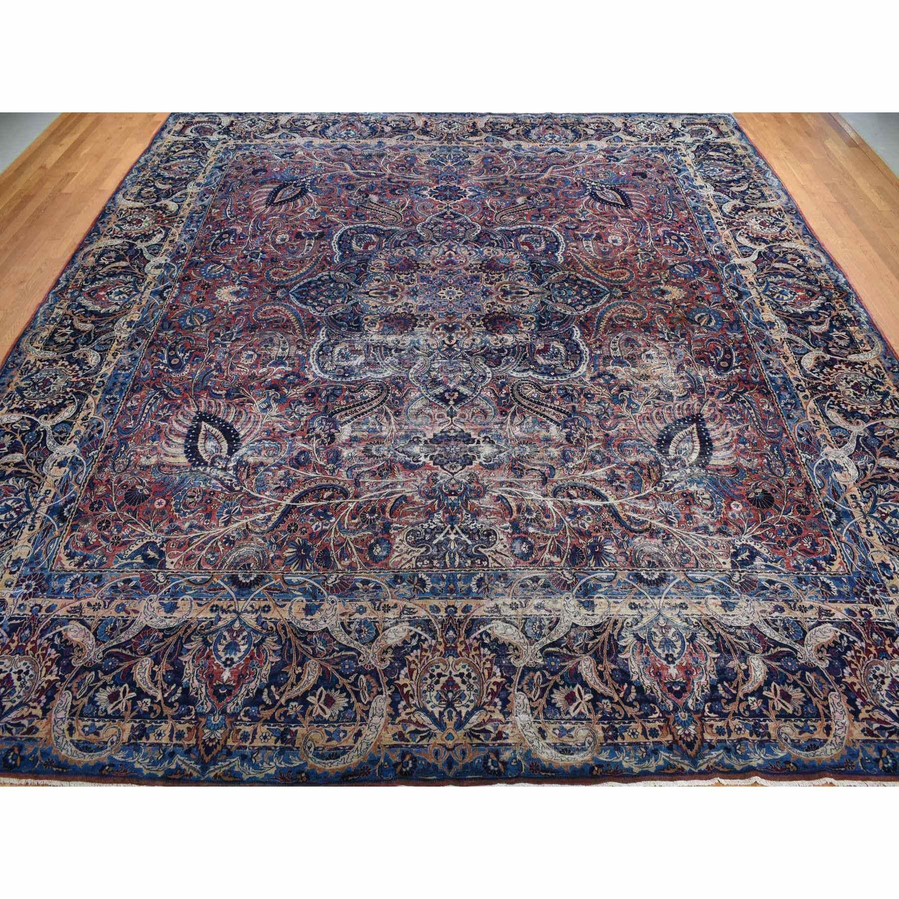 Medieval Imperial Blue Antique Persian Kerman Wool Hand Knotted Squarish Rug 14'6