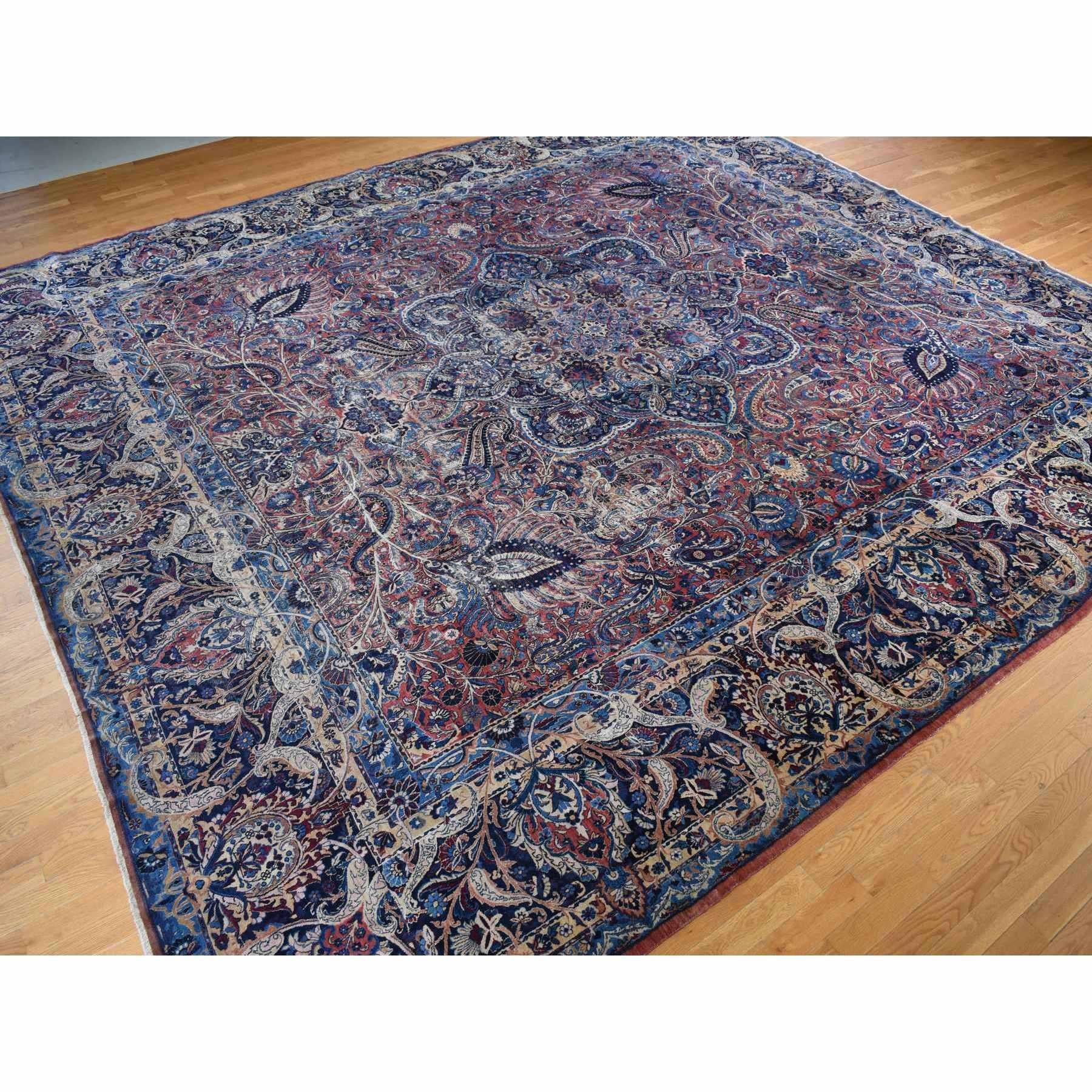 Hand-Knotted Imperial Blue Antique Persian Kerman Wool Hand Knotted Squarish Rug 14'6