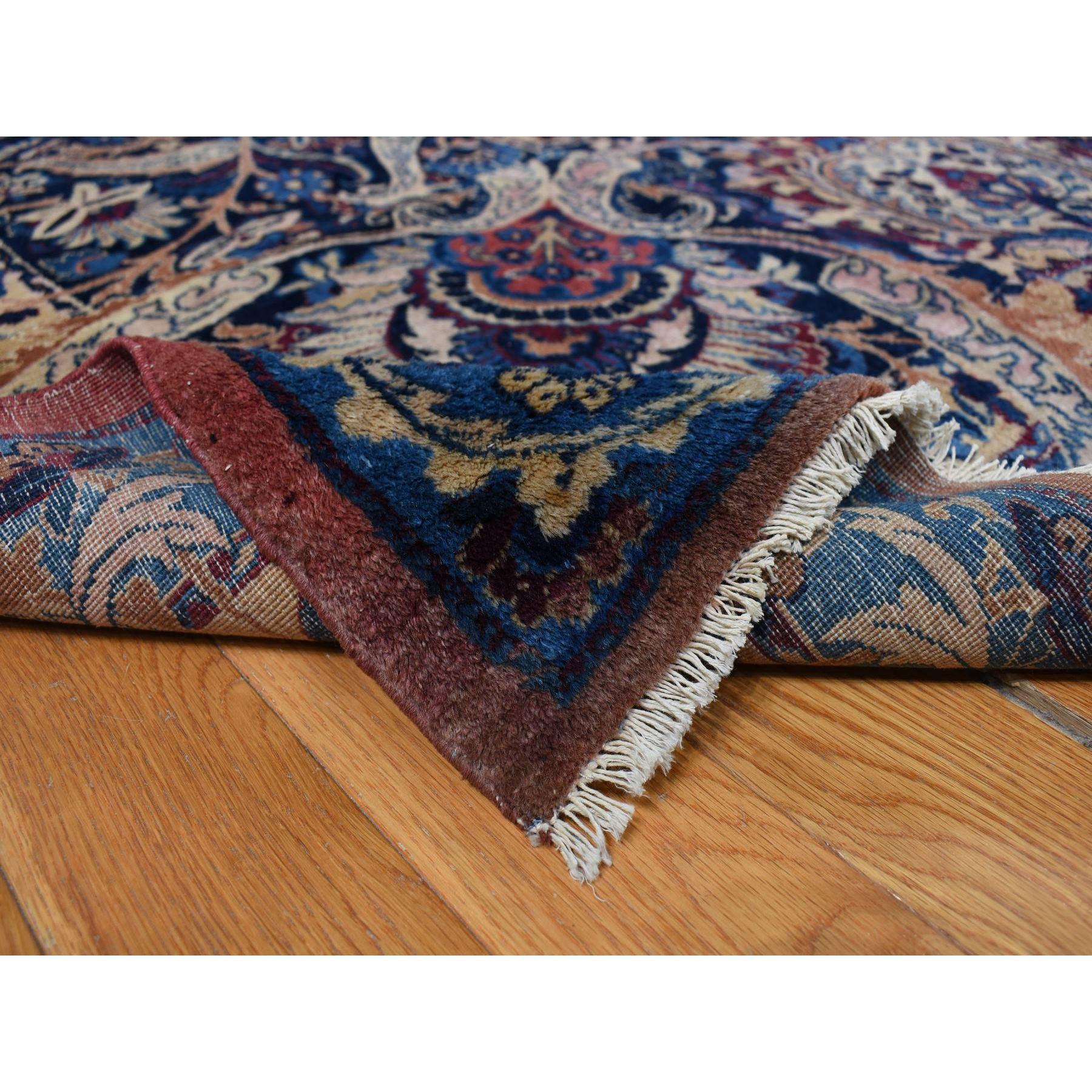 Early 20th Century Imperial Blue Antique Persian Kerman Wool Hand Knotted Squarish Rug 14'6