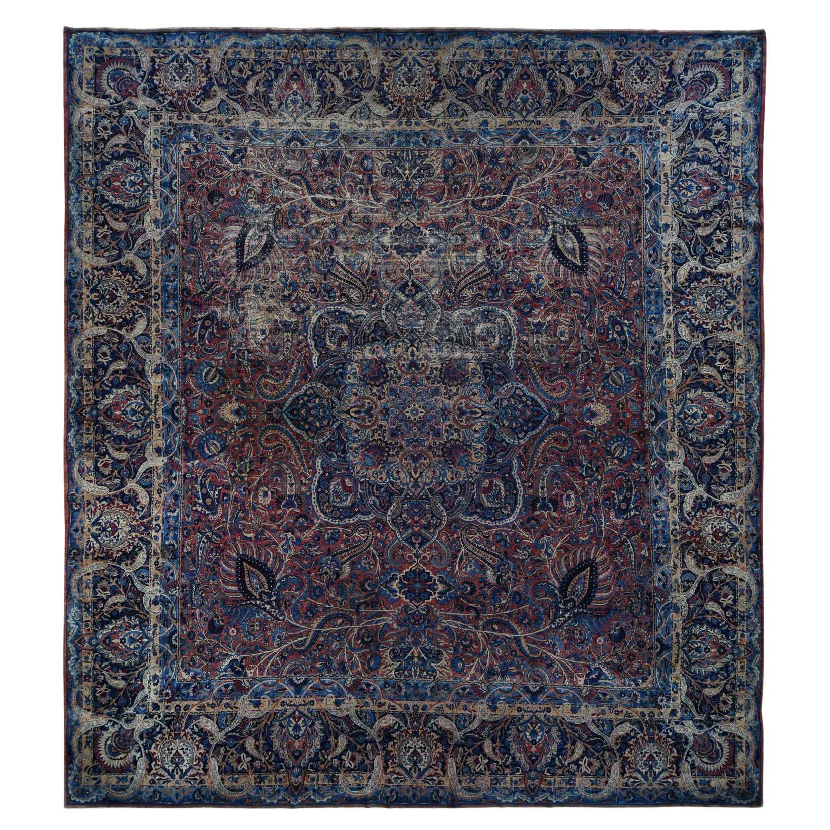 Imperial Blue Antique Persian Kerman Wool Hand Knotted Squarish Rug 14'6"x16'4"