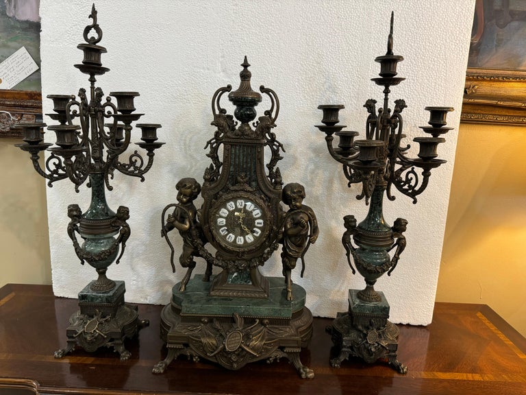 Vintage Lancini Italian Candelabras and Mantle Clock For Sale at
