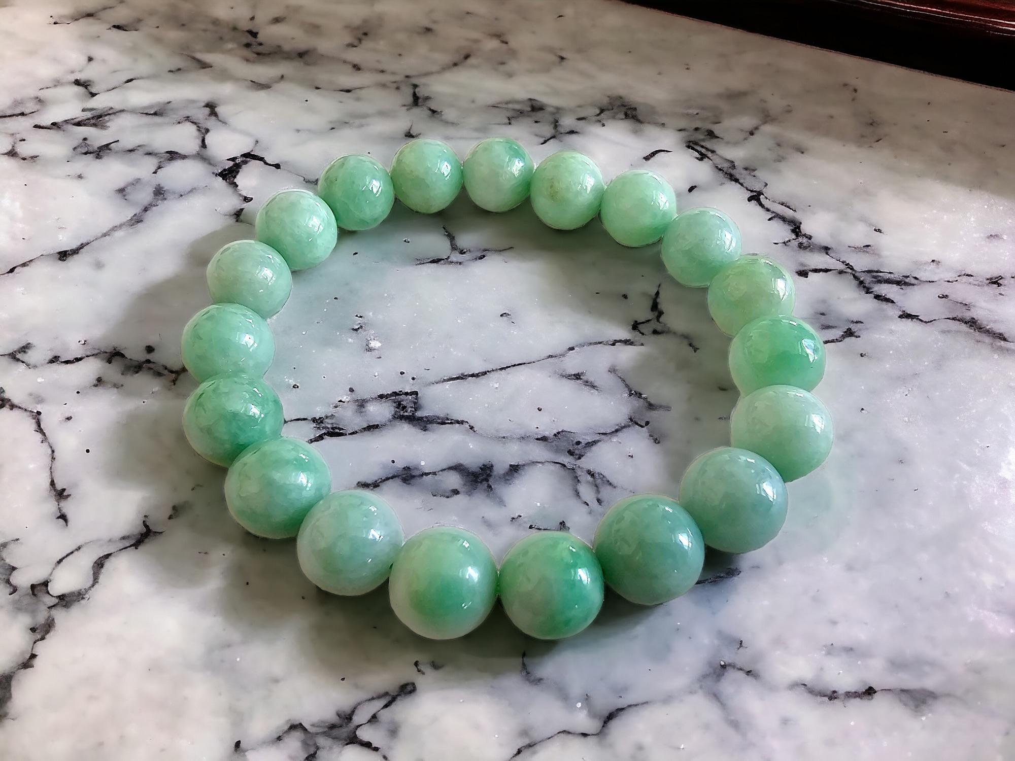 Ball Cut Imperial Burmese A-Jade Beaded Bracelet (MADE IN JAPAN) 10.5mm Each x 19 beads For Sale