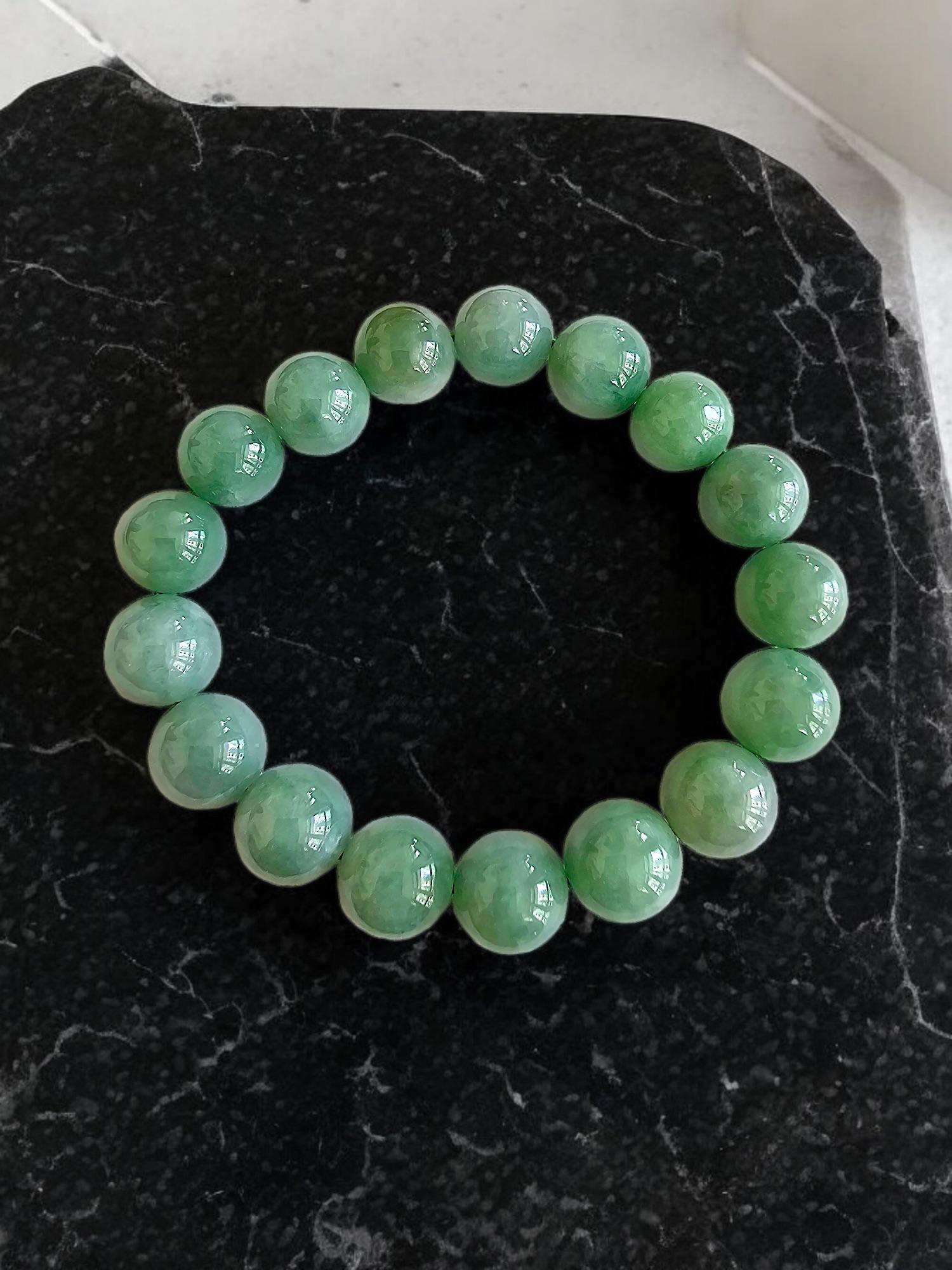 Imperial Burmese A-Jade Beaded Bracelet (MADE IN JAPAN) 12mm Each x 17 beads In New Condition For Sale In Kowloon, HK