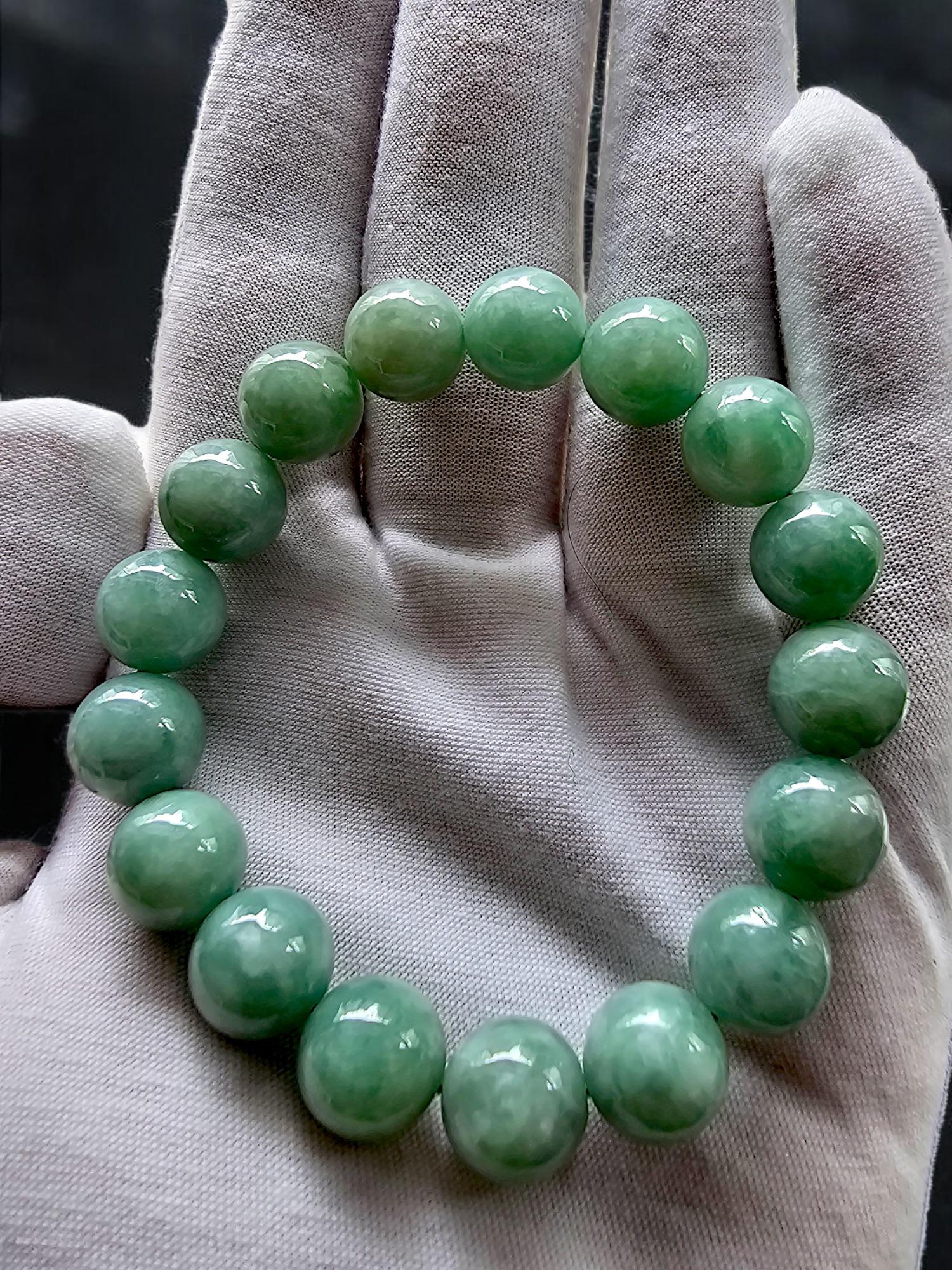 Women's or Men's Imperial Burmese A-Jade Beaded Bracelet (MADE IN JAPAN) 12mm Each x 17 beads For Sale