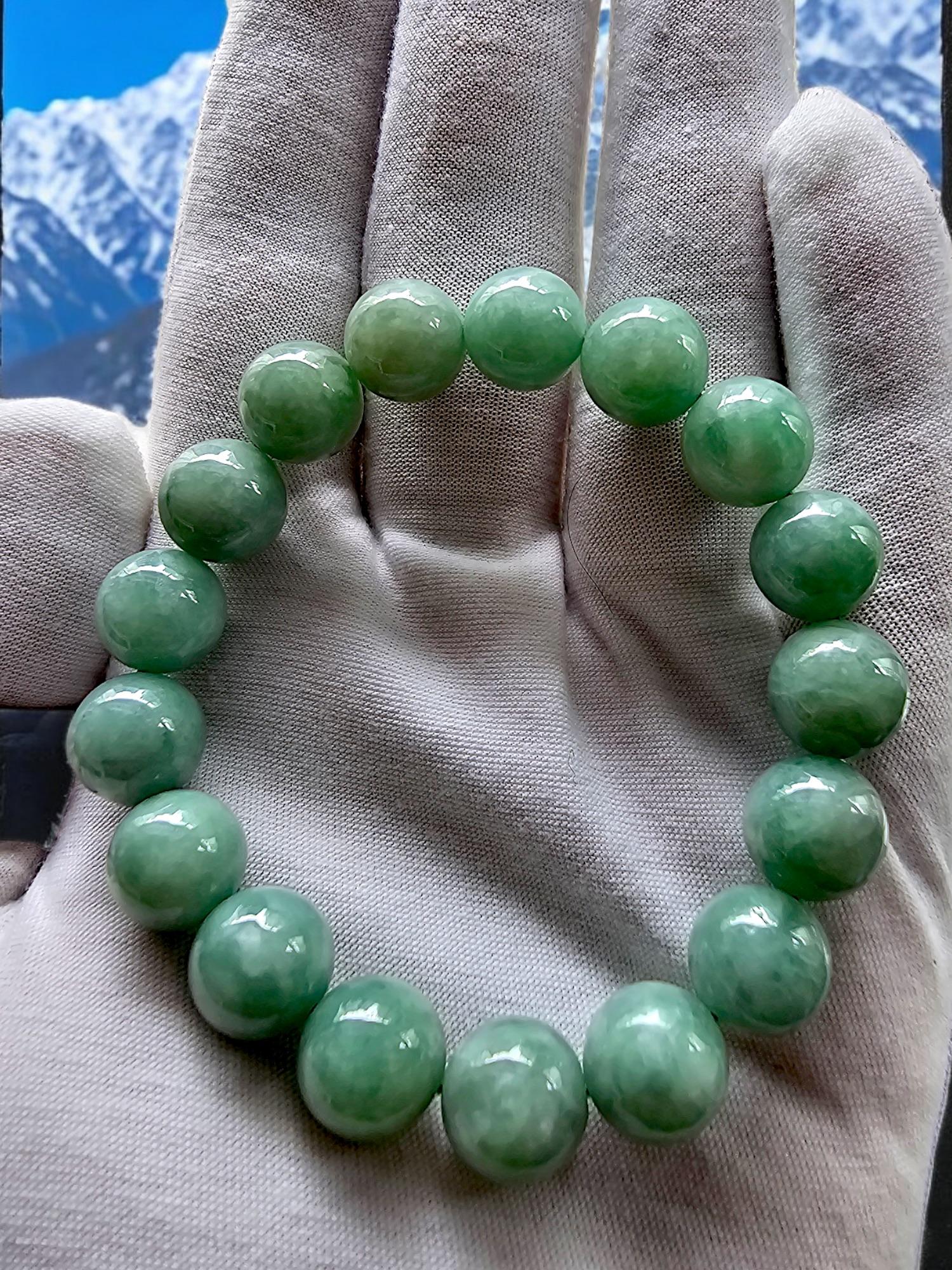 Imperial Burmese A-Jade Beaded Bracelet (MADE IN JAPAN) 12mm Each x 17 beads For Sale 1