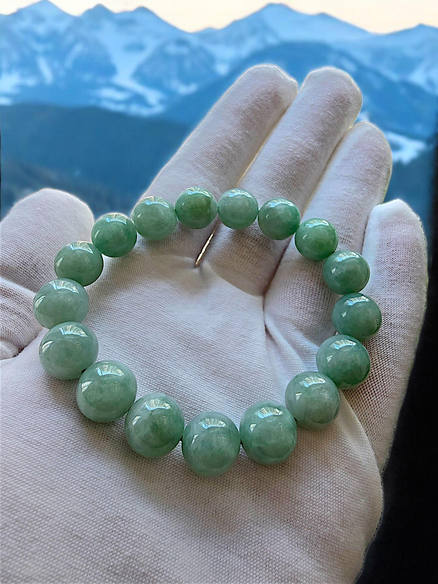 Imperial Burmese A-Jade Beaded Bracelet (MADE IN JAPAN) 12mm Each x 17 beads For Sale 1