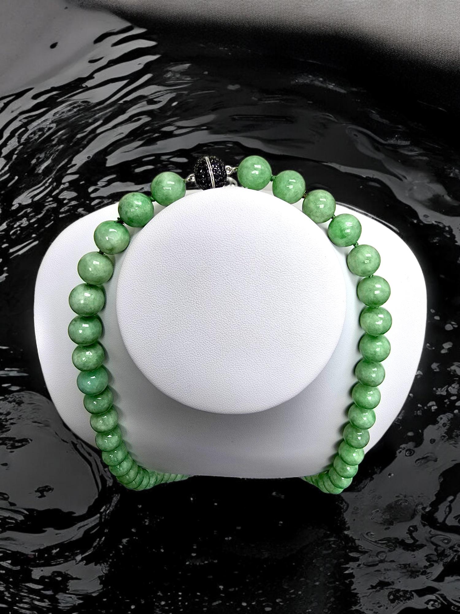 Women's or Men's Imperial Burmese A-Jade Beaded Long Necklace 29.50 inches (12.50mm Beads) S925 For Sale
