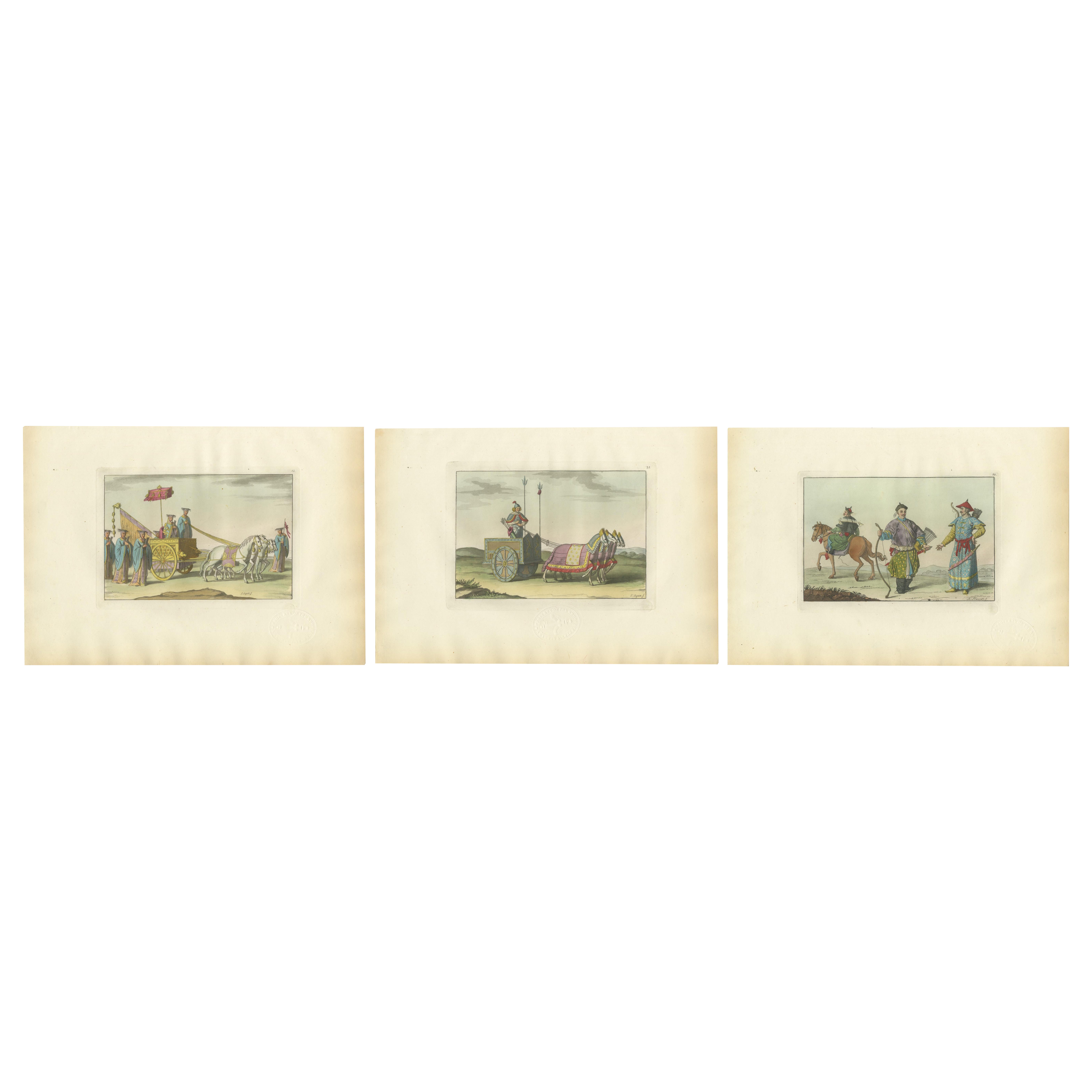 Imperial Chinese Processions – 3 Antique Prints, China, Hand Colored, 1815