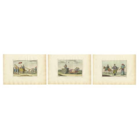 Imperial Chinese Processions – 3 Antique Prints, China, Hand Colored, 1815