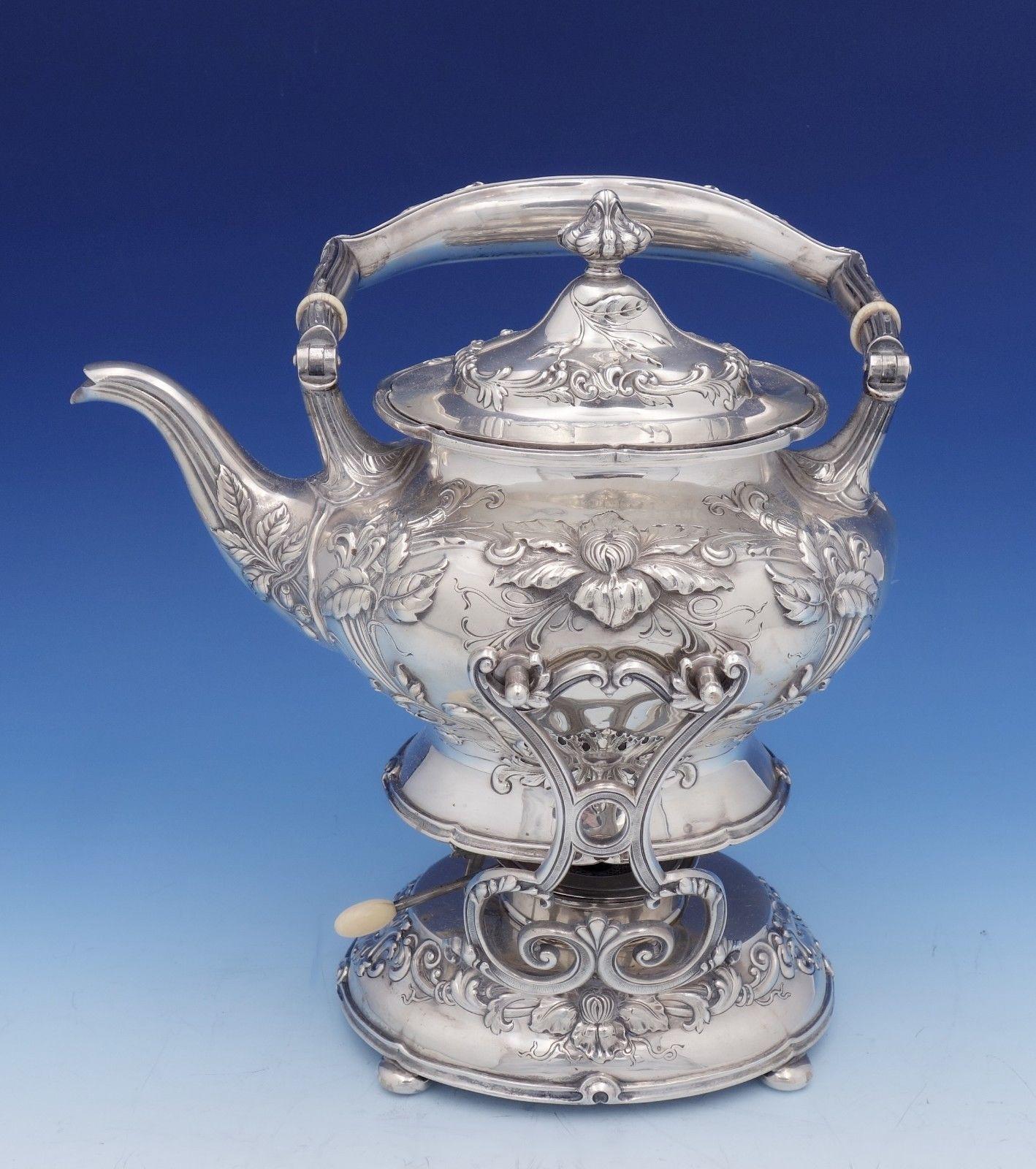 Gorgeous Imperial Chrysanthemum by Gorham sterling silver 6-piece tea set with fabulous chrysanthemum detailing.
This set includes:
1 - Kettle on stand: Marked #A7436, measures 9 1/4