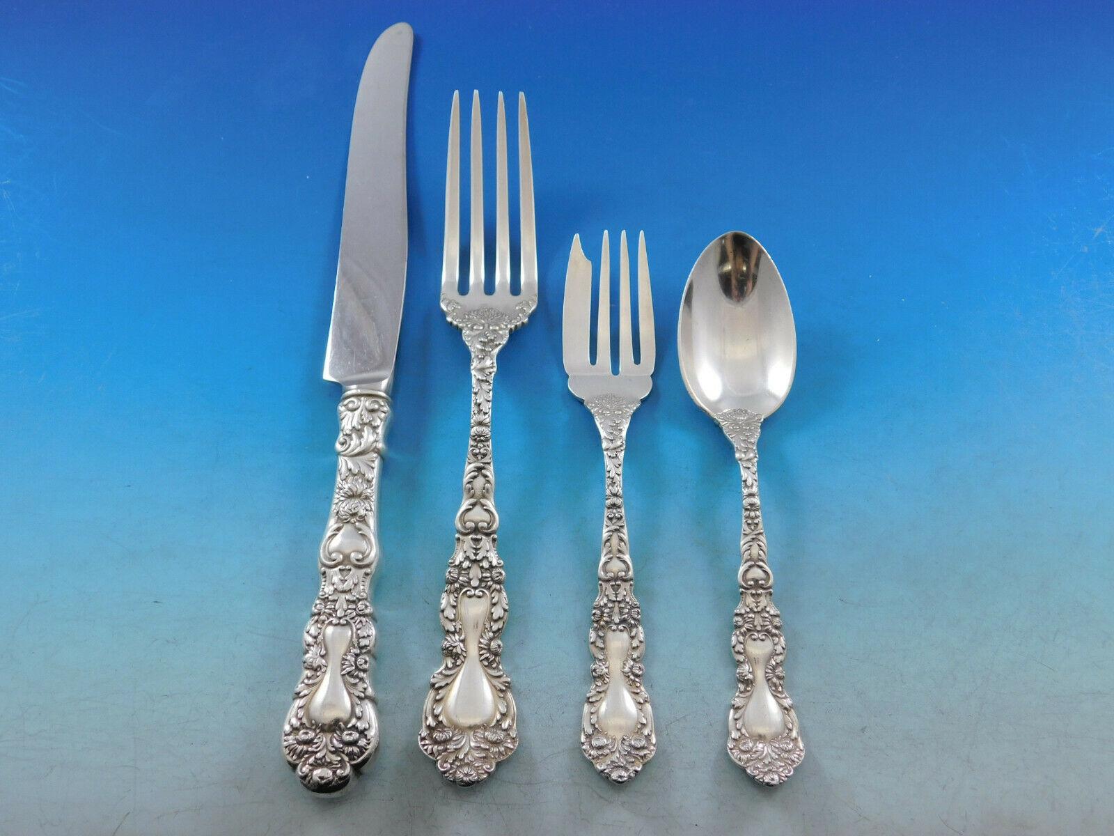 Dinner Size Imperial Chrysanthemum by Gorham sterling silver Flatware set, 67 pieces. This pattern was designed by William Codman for Gorham and was introduced in the year 1894. This service includes:

12 Dinner Size Knives w/French stainless
