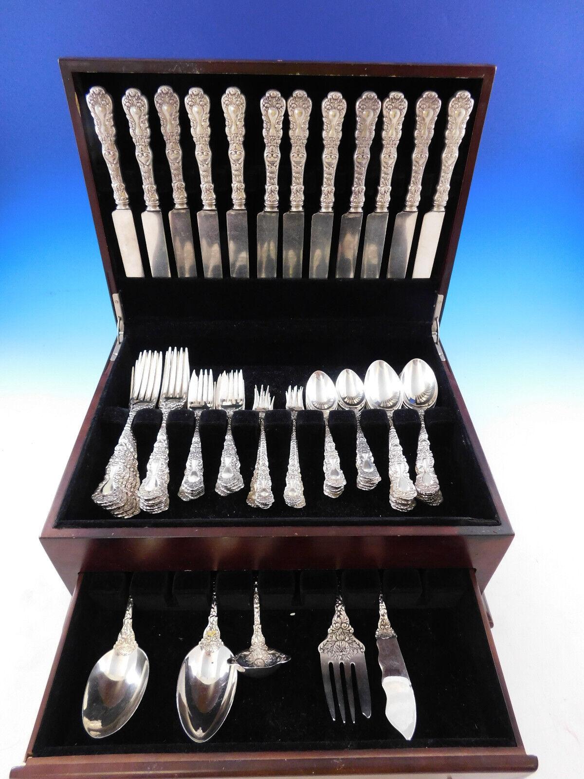 Dinner Size Imperial Chrysanthemum by Gorham sterling silver Flatware set, 67 pieces. This pattern was designed by William Codman for Gorham and was introduced in the year 1894. This pattern features gorgeous chrysanthemum detailing that extends