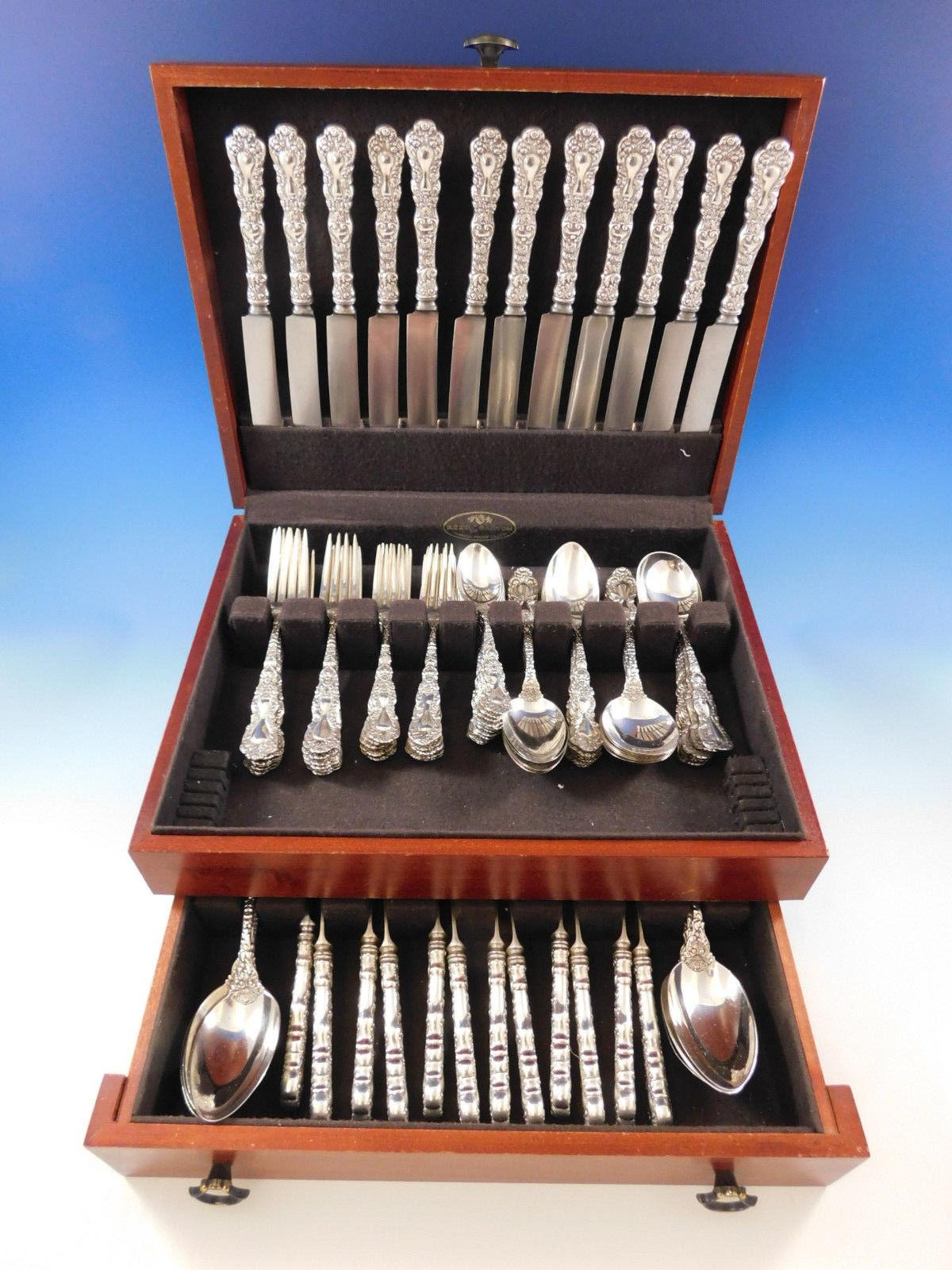 Superb monumental dinner and luncheon size imperial chrysanthemum by Gorham sterling silver flatware set, 96 pieces. This set includes:

12 dinner size knives, 10