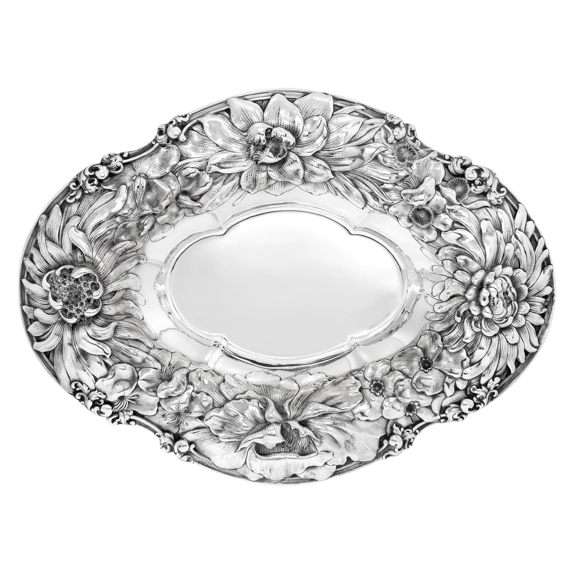 Antique IMPERIAL CHRYSANTHEMUM sterling silver oval bowl centerpiece, patented in 1894 by Gorham. Measurements: 15