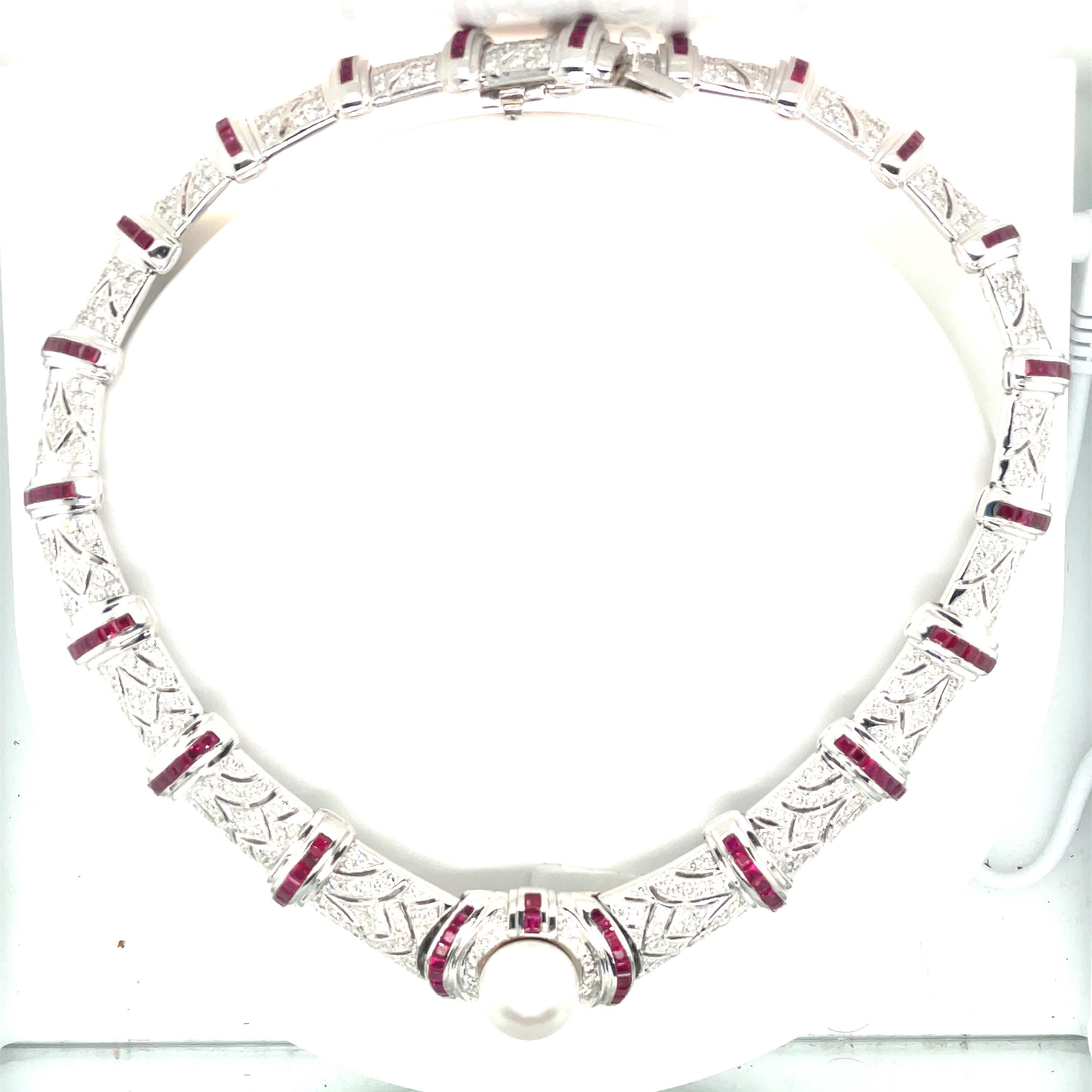 Women's or Men's Imperial Diamond, Ruby, and Pearl Necklace