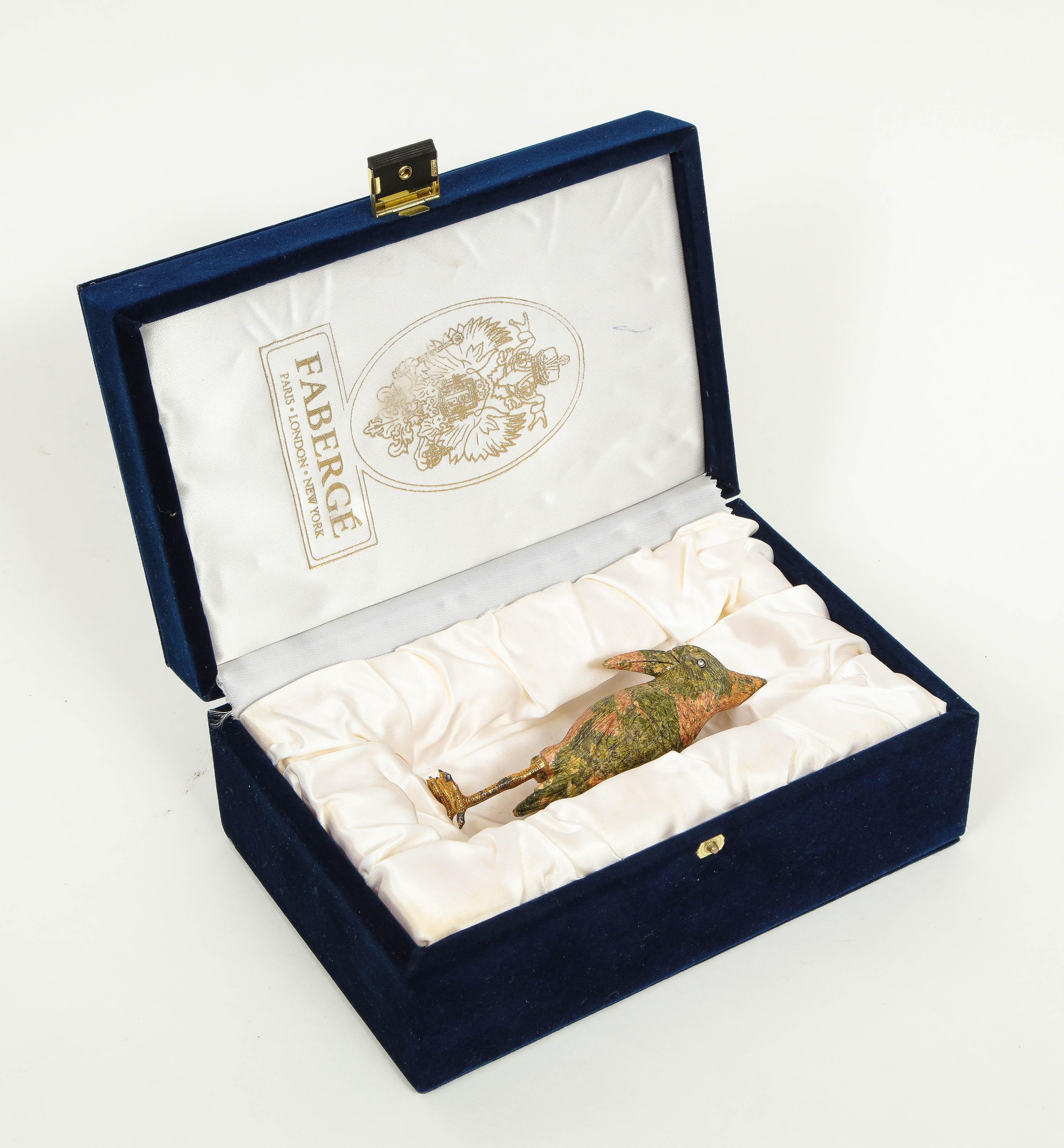 Imperial Faberge Carved Unakite and 925 Silver with Diamonds Woodpecker in Box In Good Condition In New York, NY