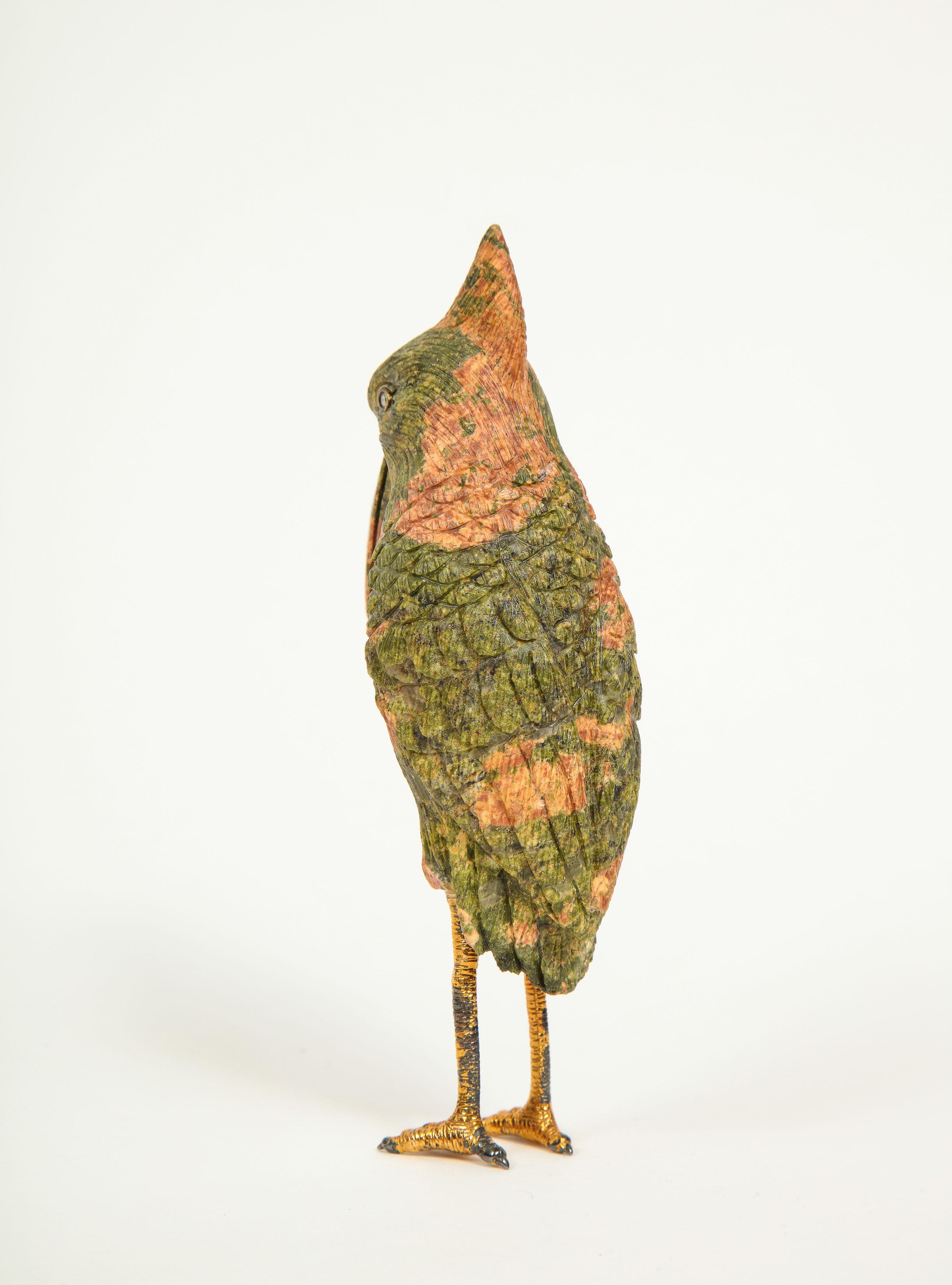 20th Century Imperial Faberge Carved Unakite and 925 Silver with Diamonds Woodpecker in Box