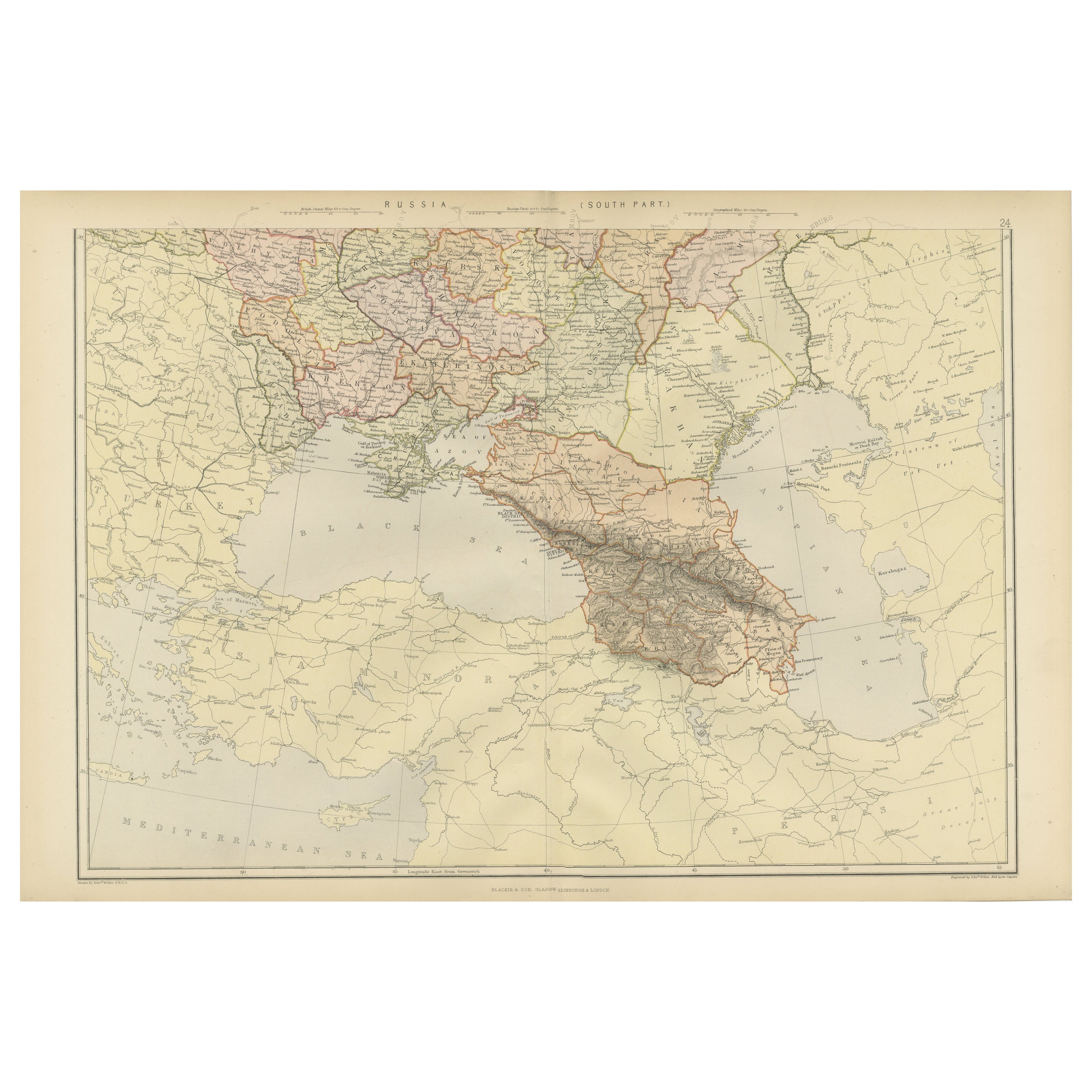Fronteras Imperiales: Un mapa del siglo XIX del sur de Rusia y el Cáucaso, 1882 en venta