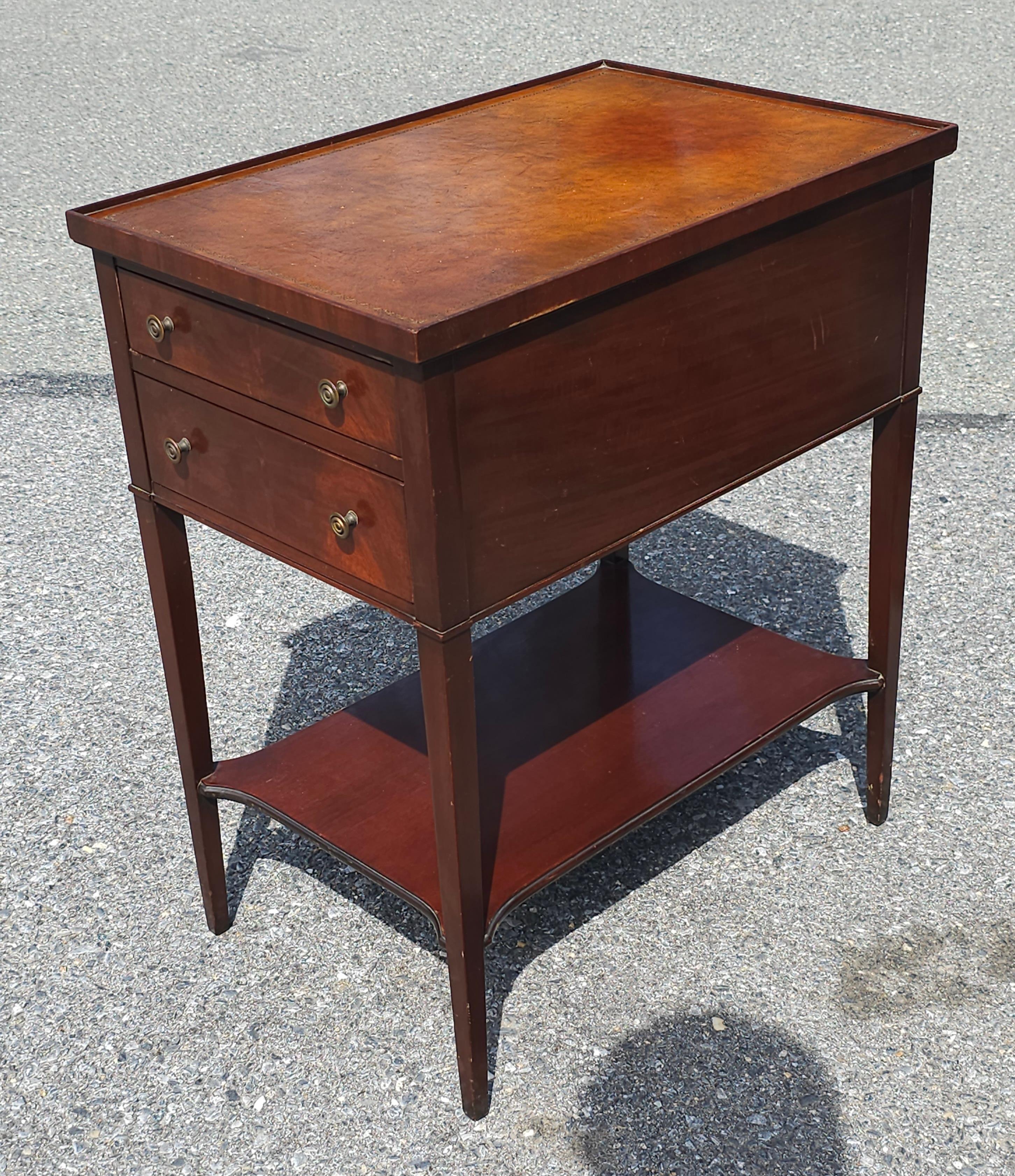 Imperial Furniture Two-Drawer Tooled Leather Mahogany Tiered Side Table For Sale 3