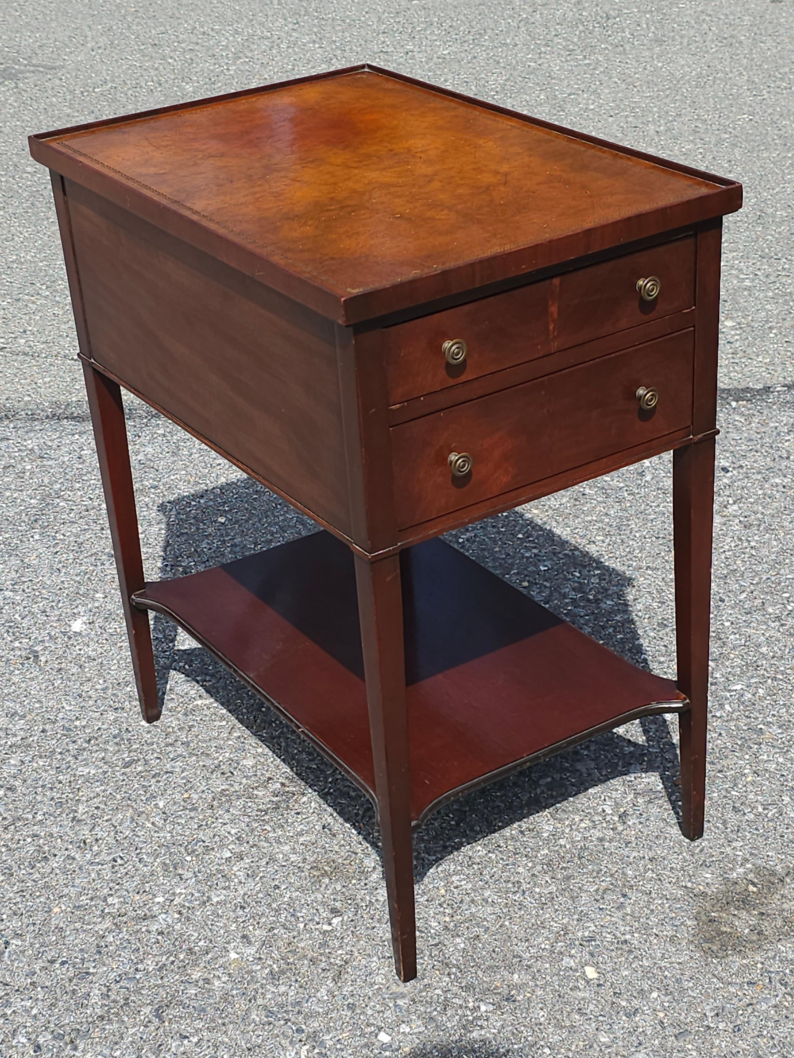 Imperial Furniture Two-Drawer Tooled Leather Mahogany Tiered Side Table For Sale 8