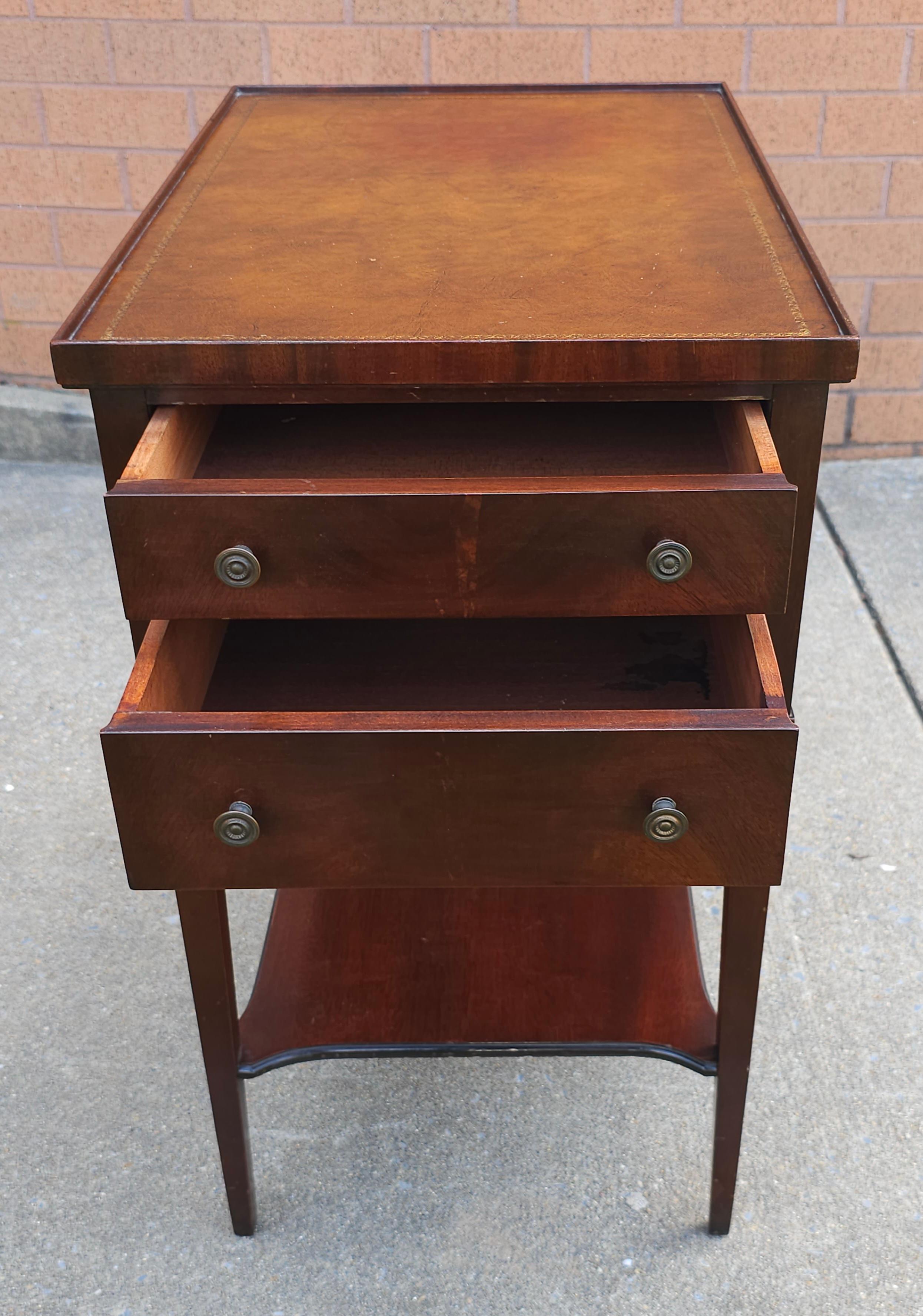 American Imperial Furniture Two-Drawer Tooled Leather Mahogany Tiered Side Table For Sale