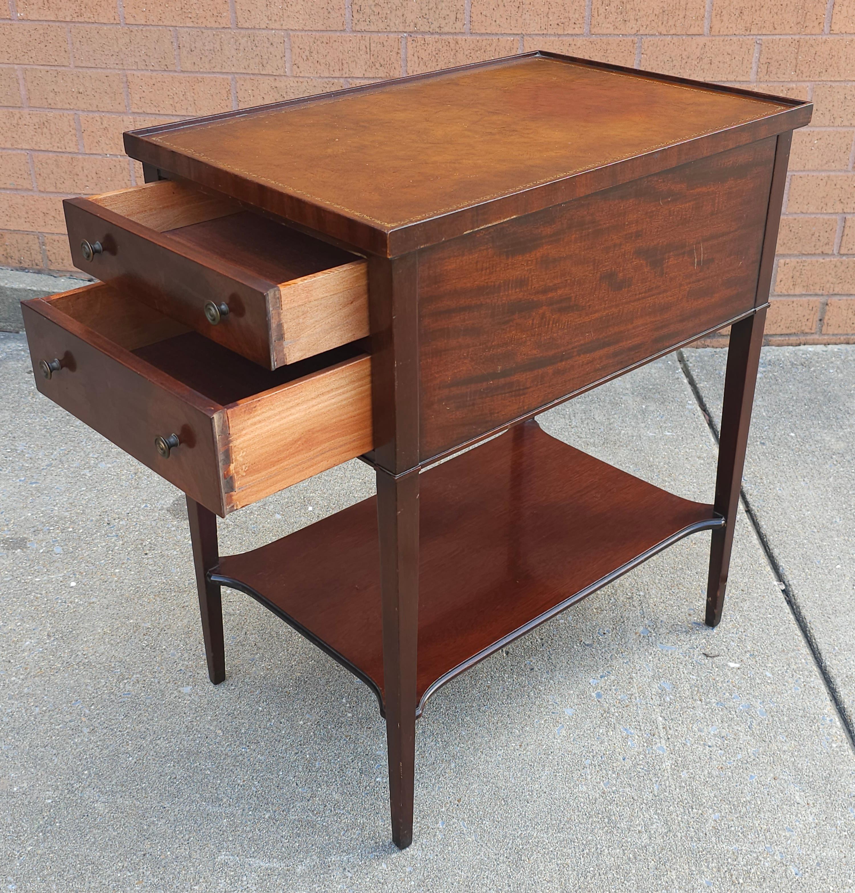 American Imperial Furniture Two-Drawer Tooled Leather Mahogany Tiered Side Table For Sale