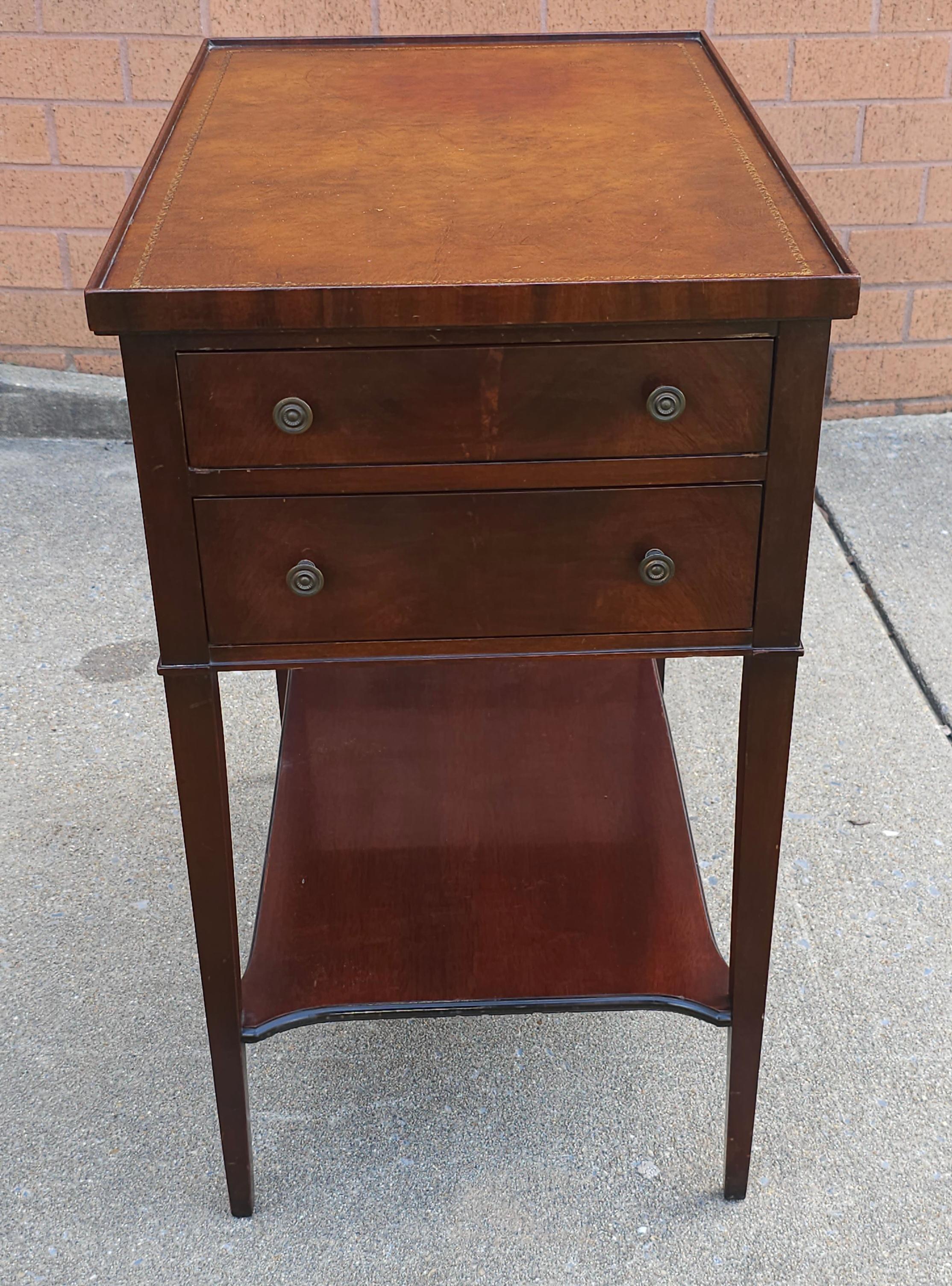 Imperial Furniture Two-Drawer Tooled Leather Mahogany Tiered Side Table In Good Condition For Sale In Germantown, MD