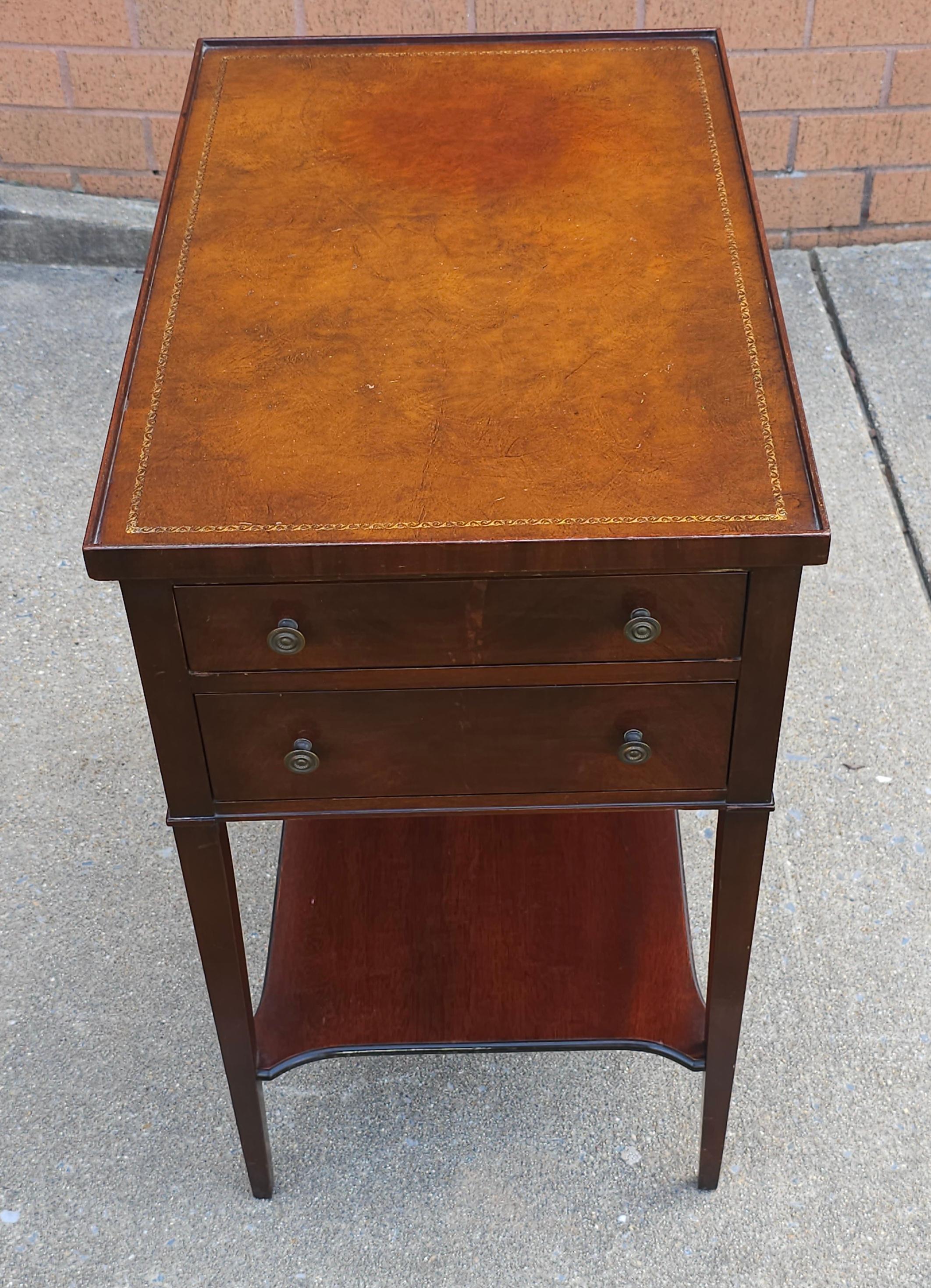 20th Century Imperial Furniture Two-Drawer Tooled Leather Mahogany Tiered Side Table For Sale